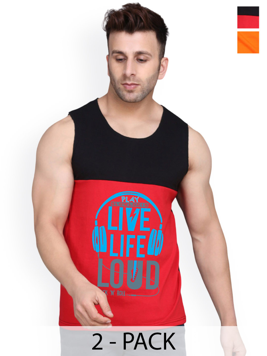 SLOWLORIS Pack Of 2 Printed Innerwear Vests SL26 COMBO (LOUD BLKRED) (NVR ORANGE)