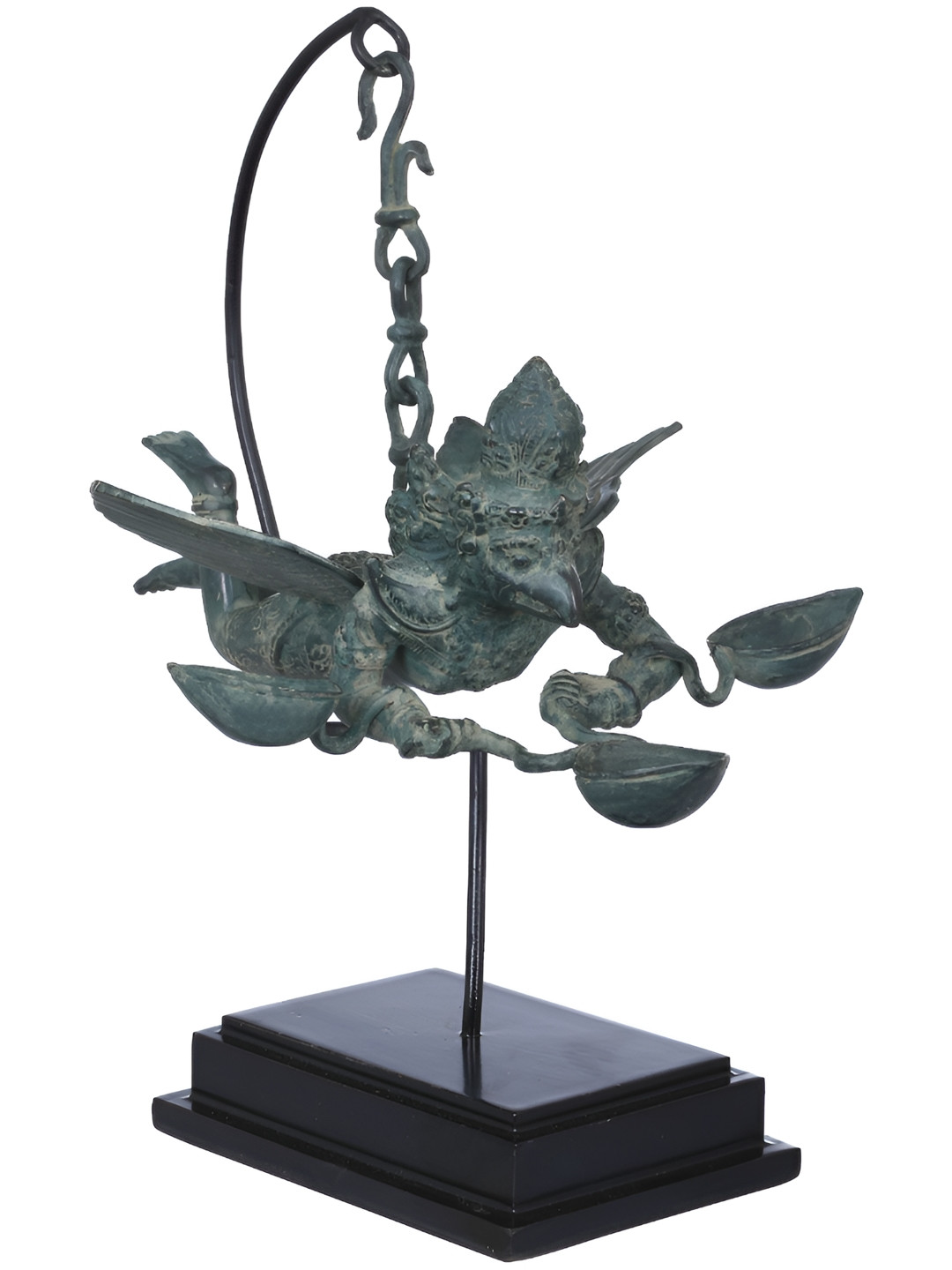 Exotic India Grey & Black Flying Garuda Lamp with Three Wick Religious Idol Showpiece