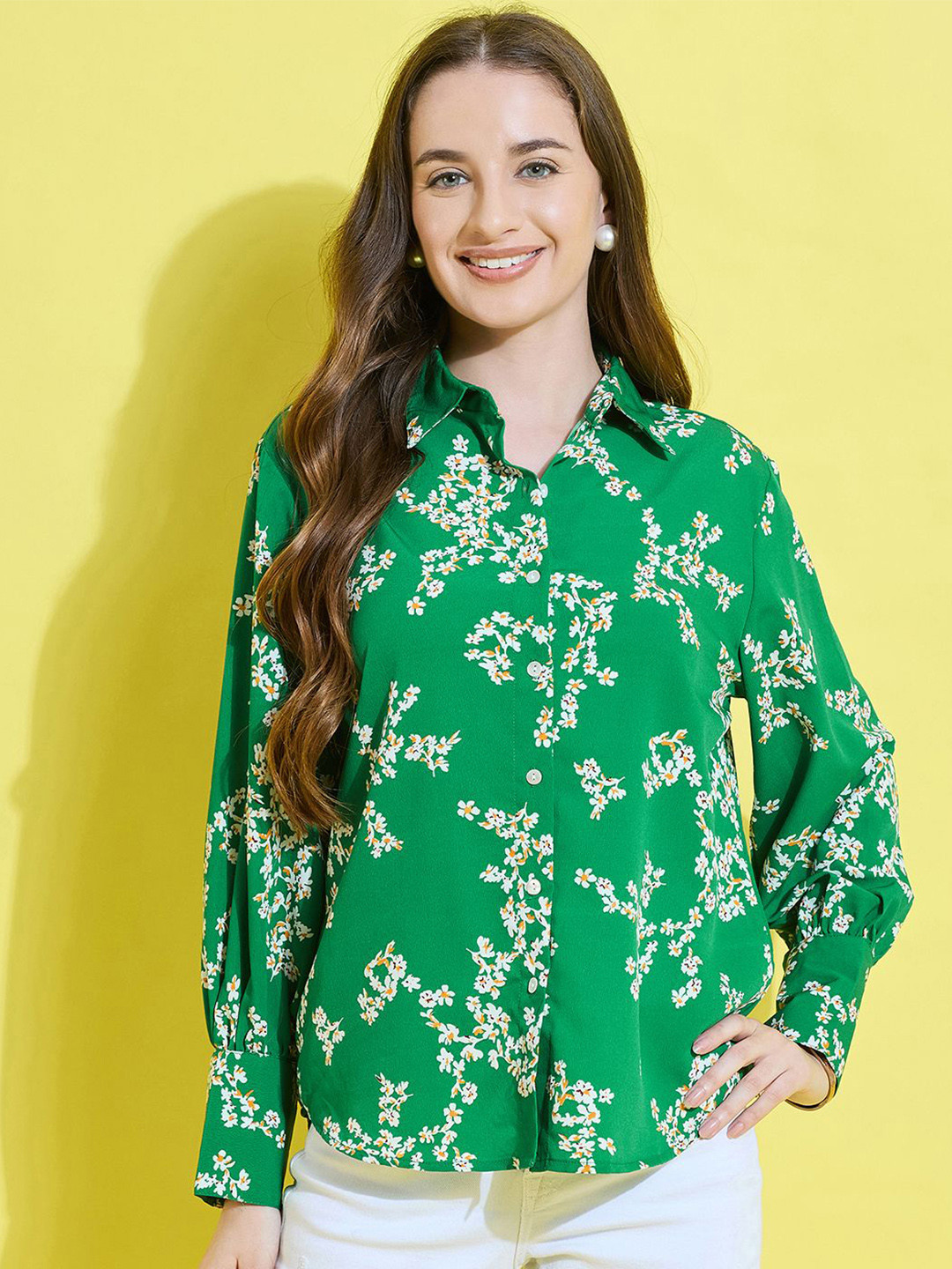 ANVI Be Yourself Women Floral Printed Green Collared Neck Crepe Button Down Regular Shirt