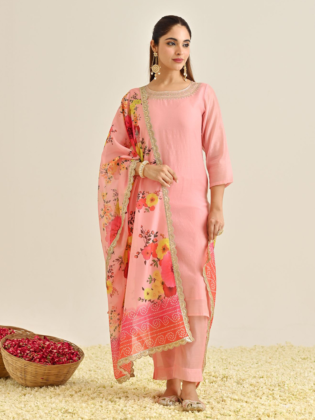 Rustorange Yoke Design Sequinned Pure Chandari Straight Kurta With Trousers & Dupatta