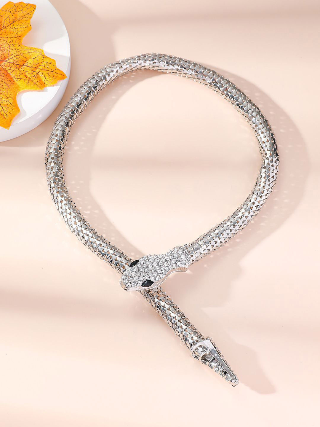 KRENOZ Cubic Zirconia & Rhinestone Studded Snake-Design Choker Necklace