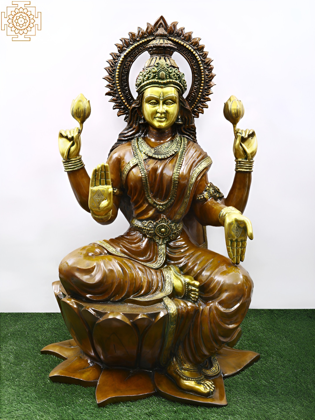 Exotic India Devi Lakshmi Gold Brass Metallic Prayer Room Extra Large Showpiece - 51.2 Inches
