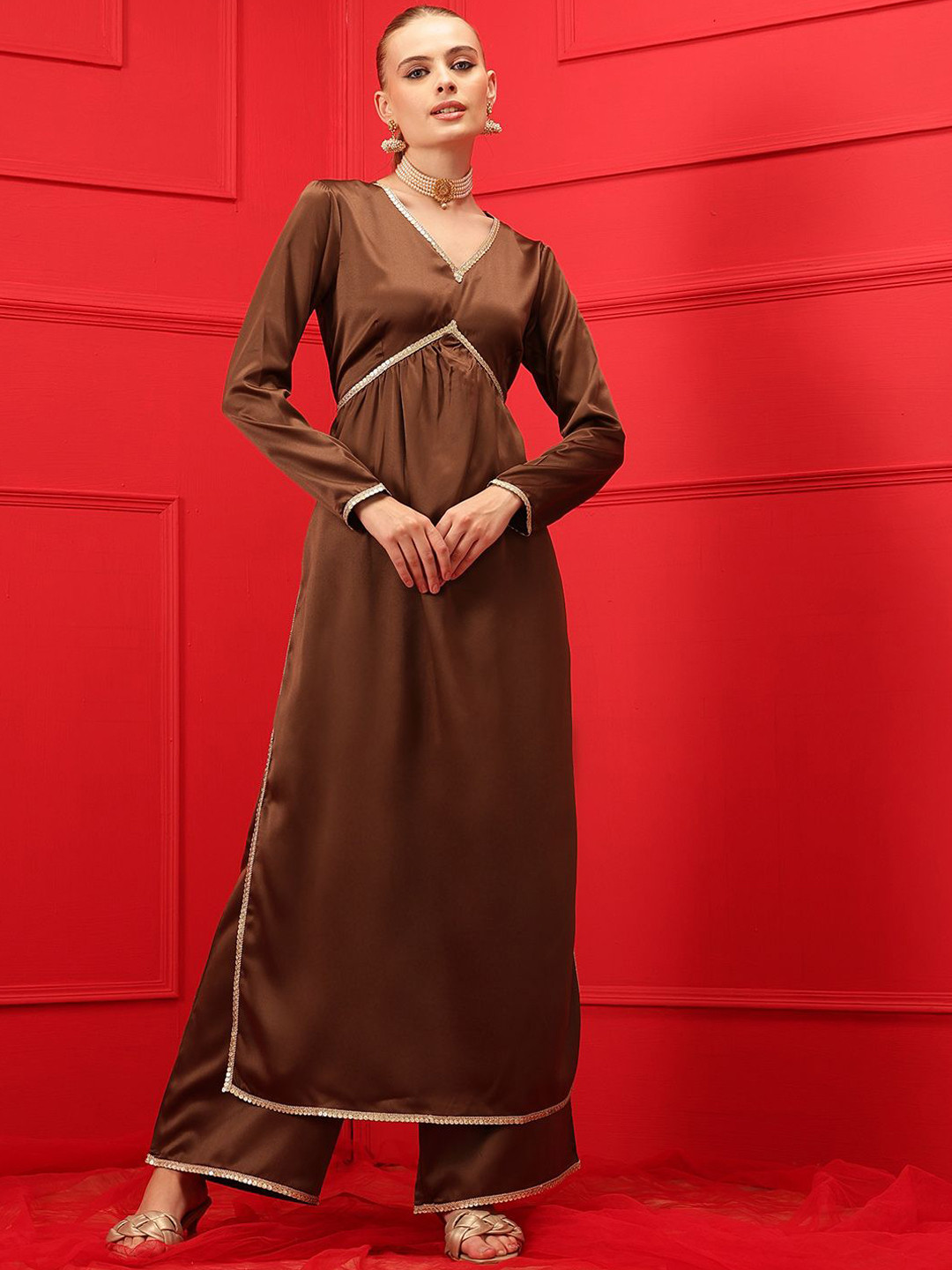 indo street V-Neck High Slit Satin Straight Kurta With Palazzos