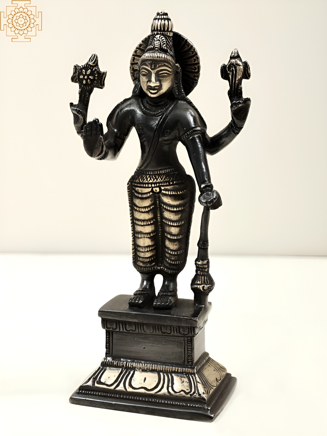 Exotic India Lord Vishnu Black Brass Metallic Prayer Room Hand Made Small Showpiece - 7 Inches