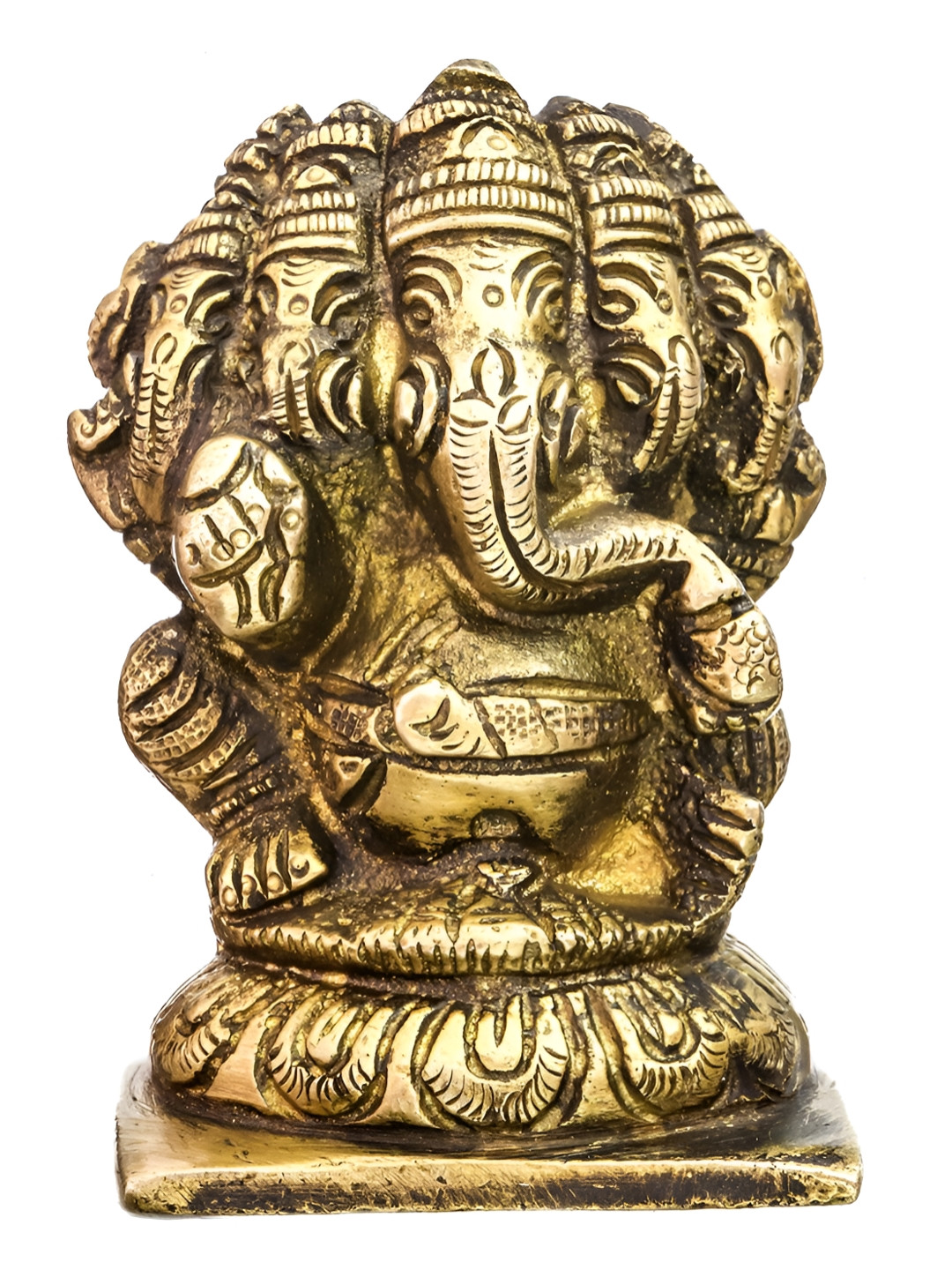 Exotic India Pancha-Mukhi Ganesha Gold Brass Metallic Prayer Room Hand Made Small Showpiece - 3 Inches