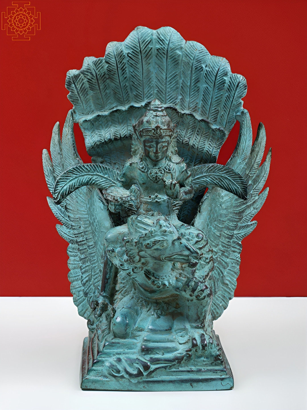 Exotic India Lord Vishnu Seated On Garuda Sea Green Brass Metallic Prayer Room Medium Showpiece - 8.5 Inches