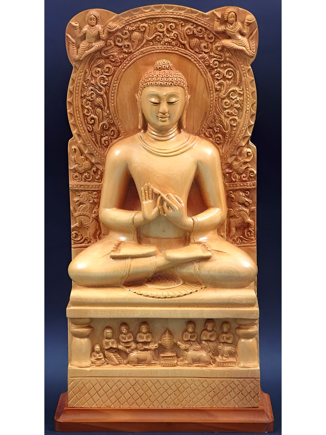 Exotic India Sarnath Buddha Kaima Beige Wood Natural Prayer Room Medium Showpiece - 13 Inches
