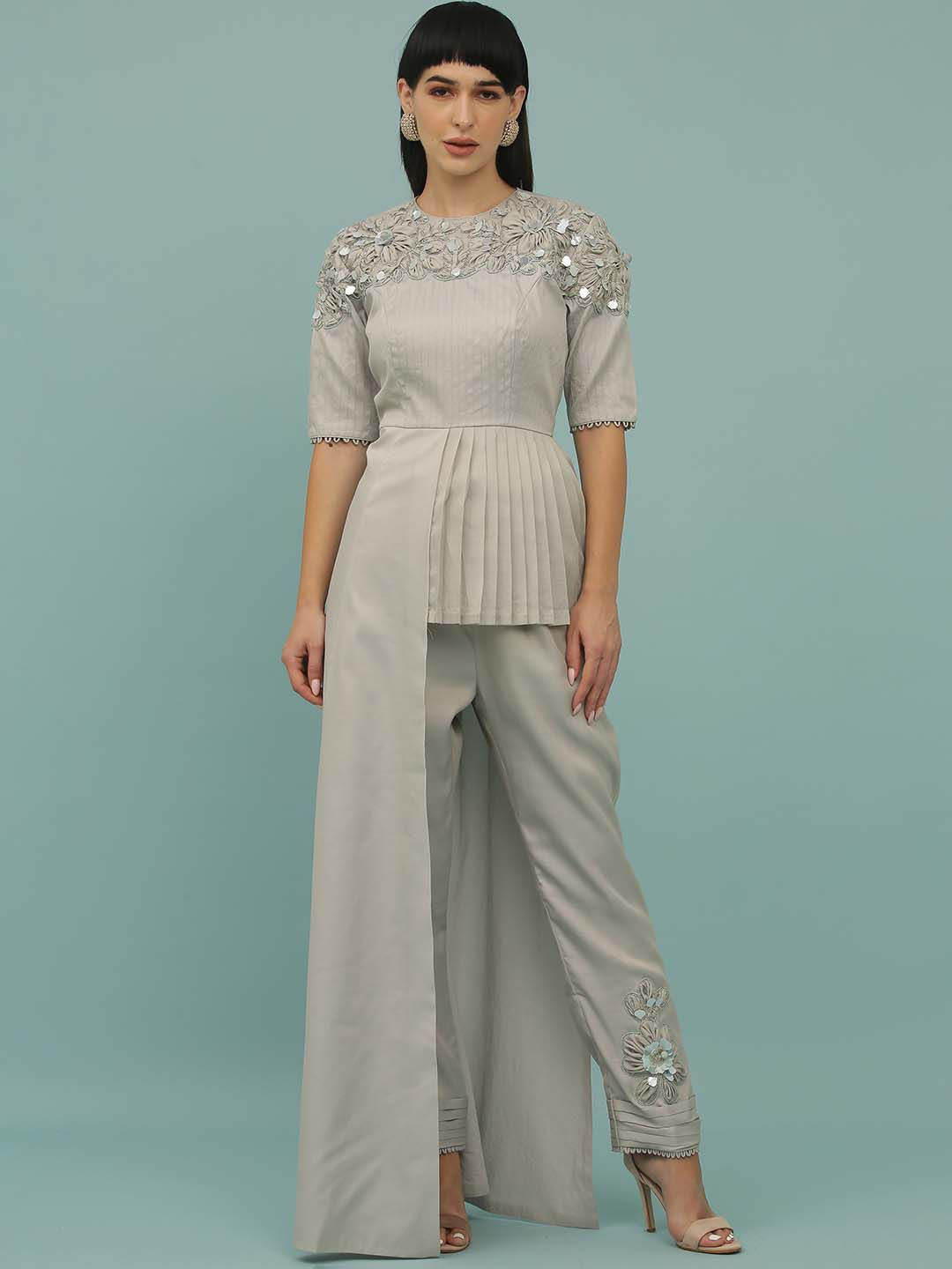 Sejal Kamdar Embellished Pleated Detailing High Low Party Top With Trousers