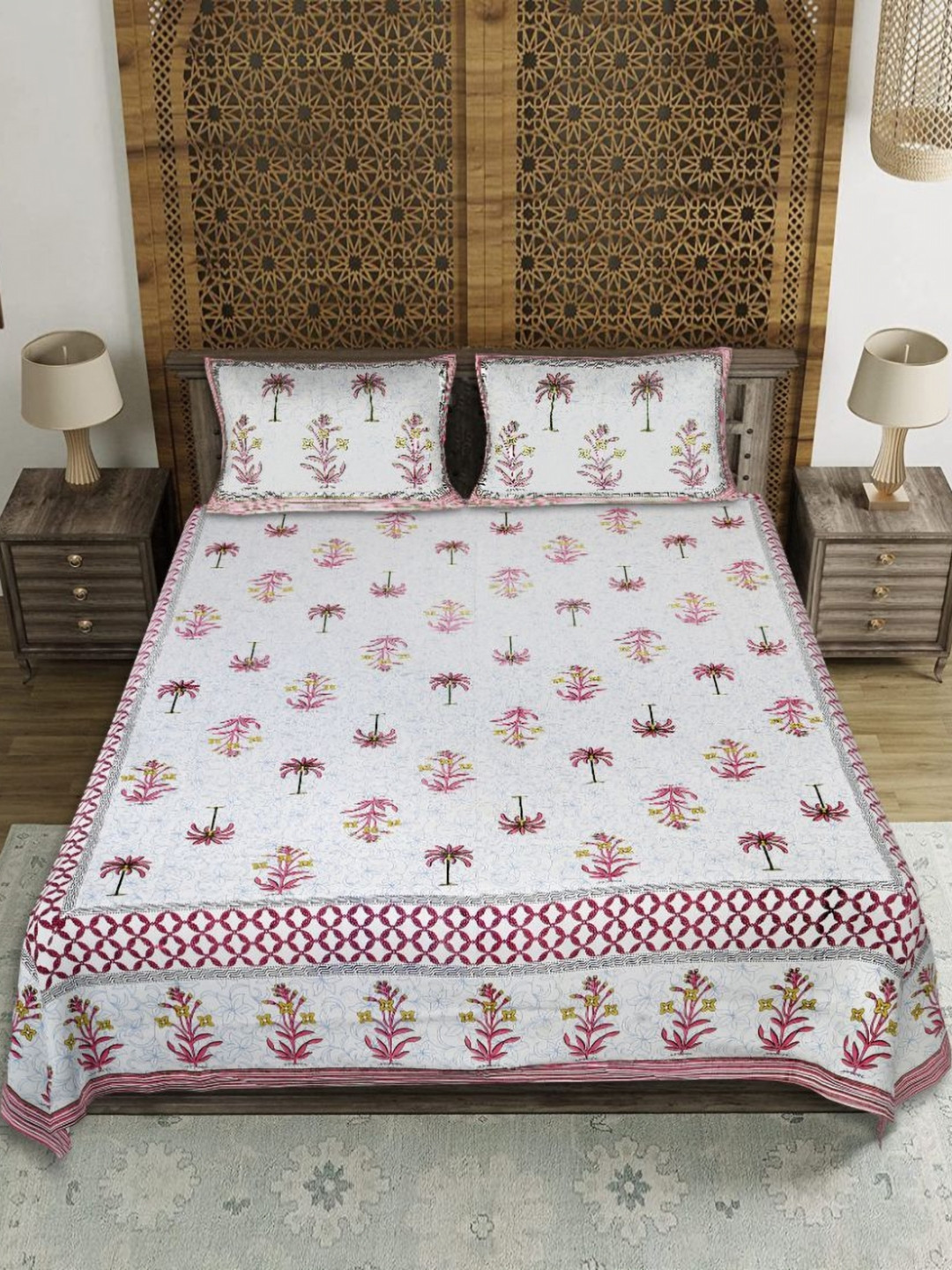 EasyGoods Hawamahal_12 Pink Floral Cotton 210 TC King Fine Bedsheet with 2 Pillow Covers-90 x 103 inches