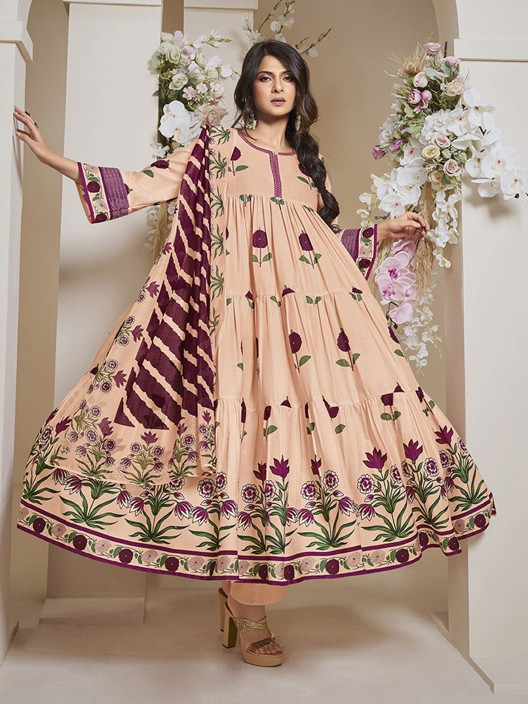 Bhama Couture Jennifer Winget Floral Pure Cotton Anarkali Kurta With Palazzos & Dupatta