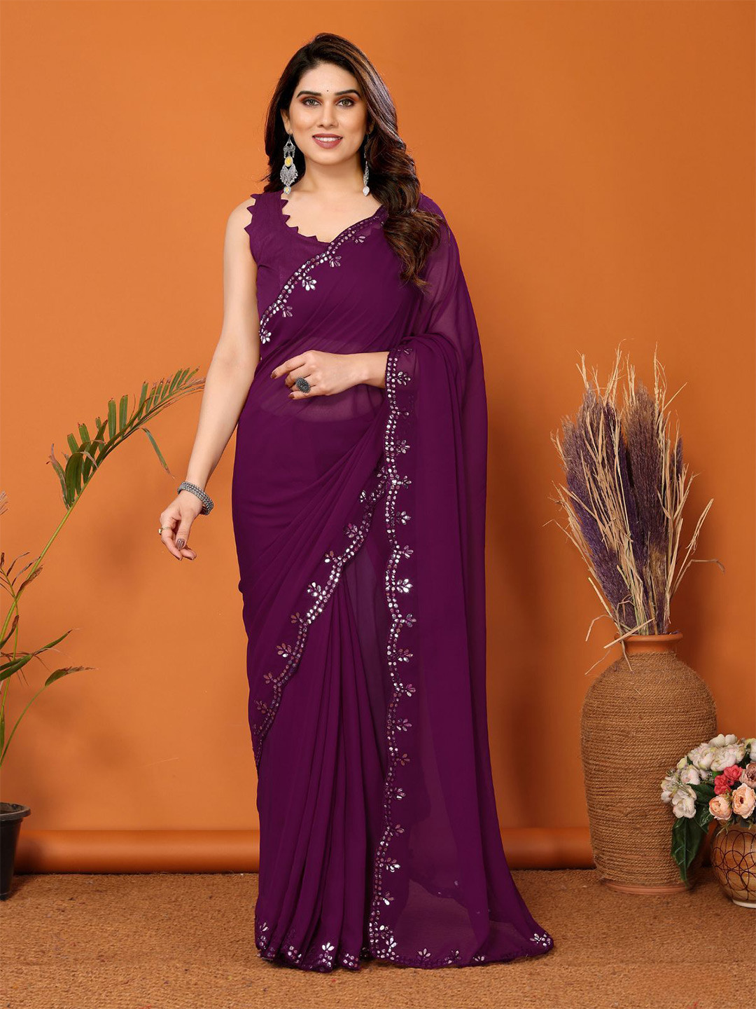 Odette Women Purple Georgette Mirror Work Saree With Unstitched Blouse