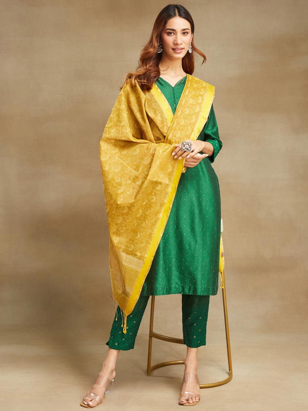 Fabindia Yellow Cotton Blend Hand Block Printed Dupatta