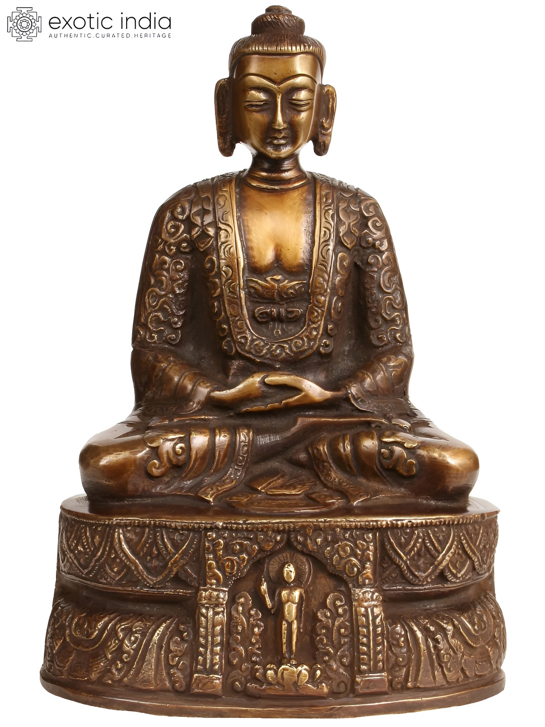Exotic India Buddha Seated on A High Pedestal Gold Brass Metallic Home Office Small Showpiece - 7 Inches