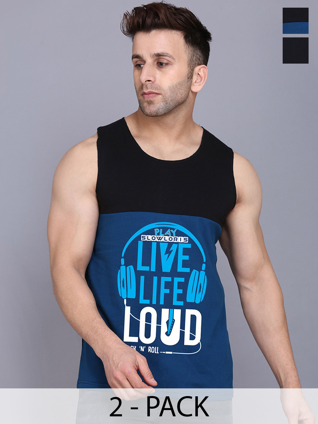 SLOWLORIS Pack Of 2 Printed Innerwear Vests SL26 COMBO (LOUD BLKPCK) (NVR BLACK)