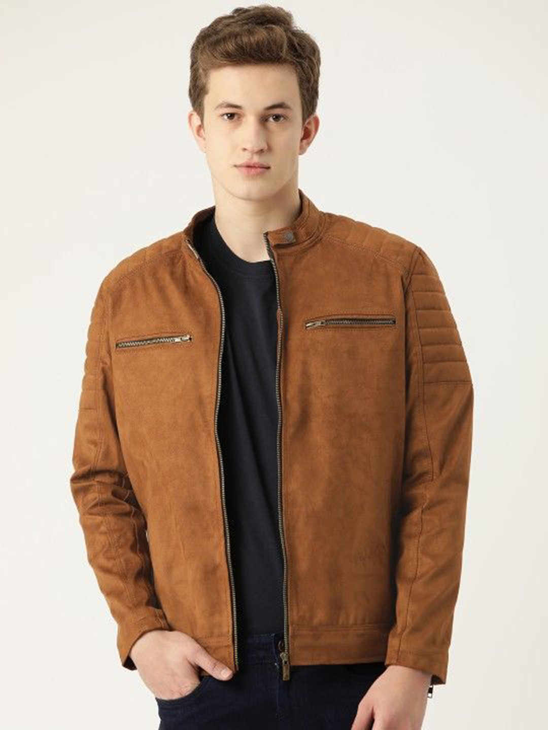 Leather Retail Men Geometric Checked Suede Lightweight Crop Biker Jacket