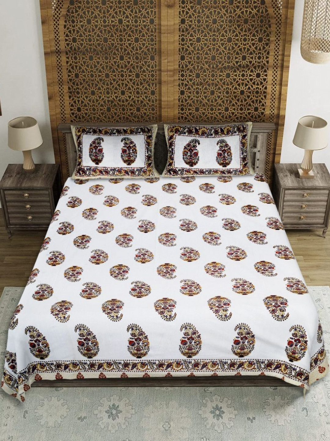 EasyGoods Hawamahal_27 Yellow Paisley Cotton 210 TC King Fine Bedsheet with 2 Pillow Covers-90 x 103 inches