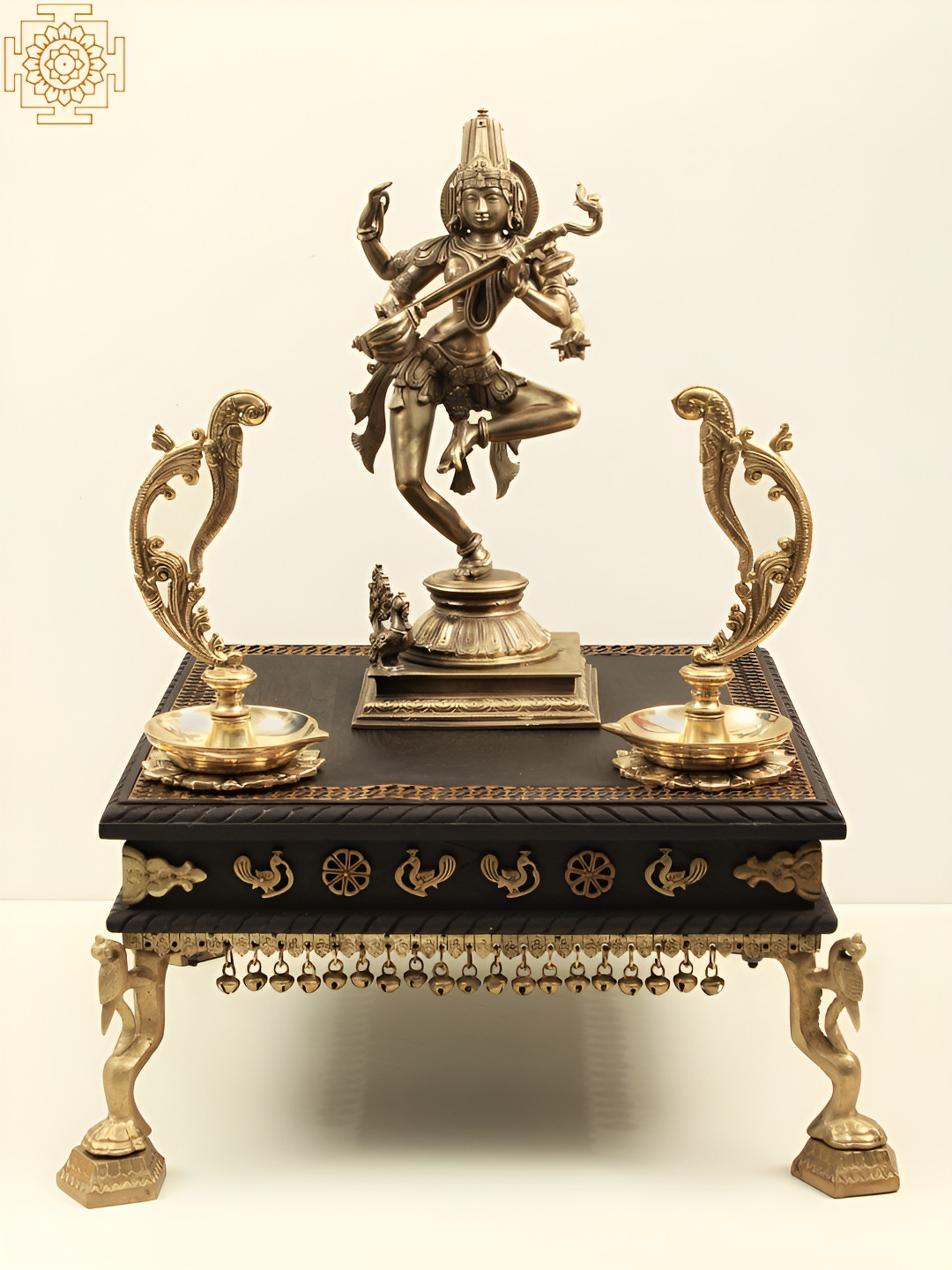 Exotic India Pedestal with Ghungroos Gold Brass Metallic Prayer Room Medium Showpiece - 17.5 Inches