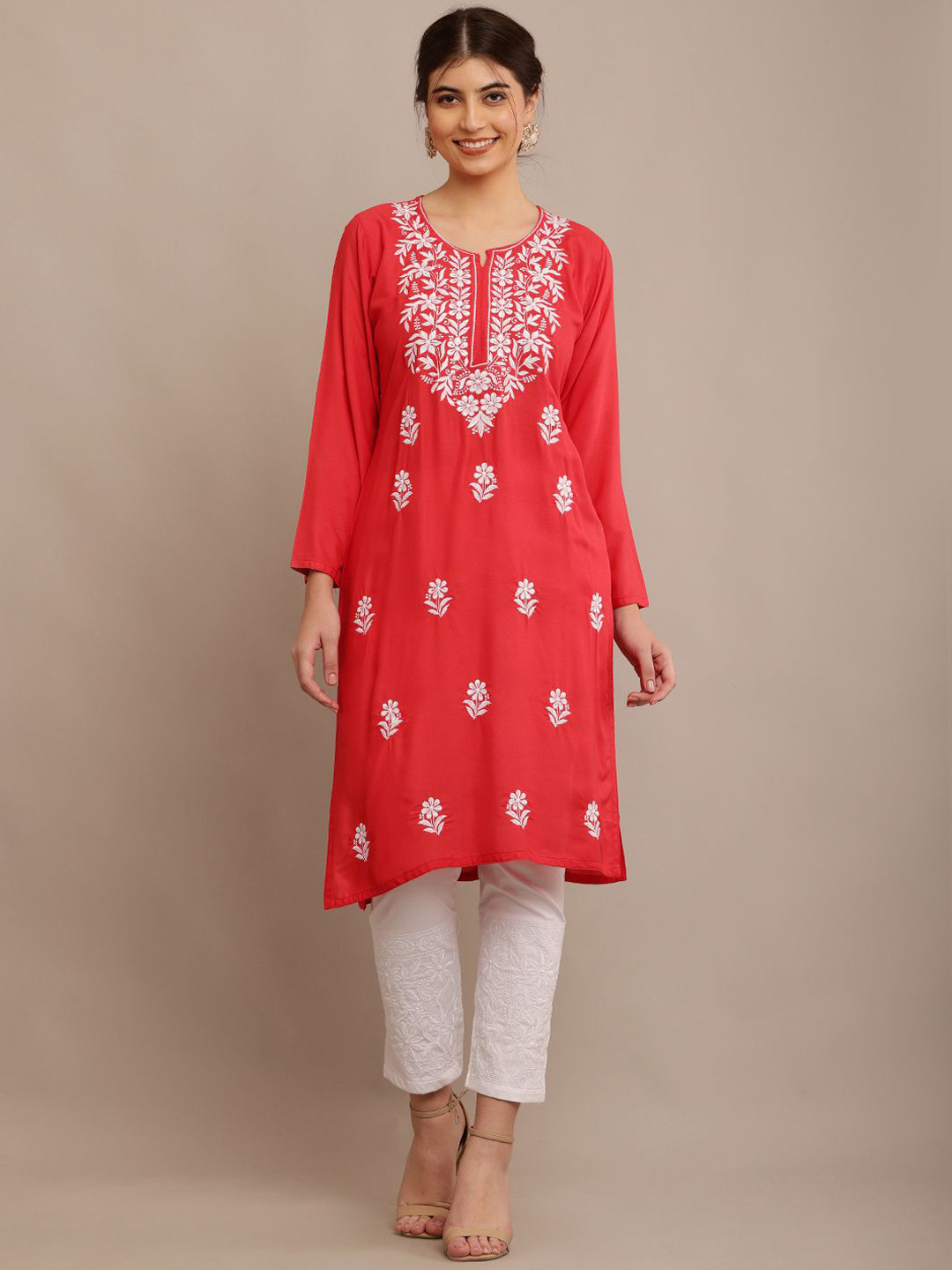 FAWOMENT Floral Embroidered Notch Neck A Line Work Kurta