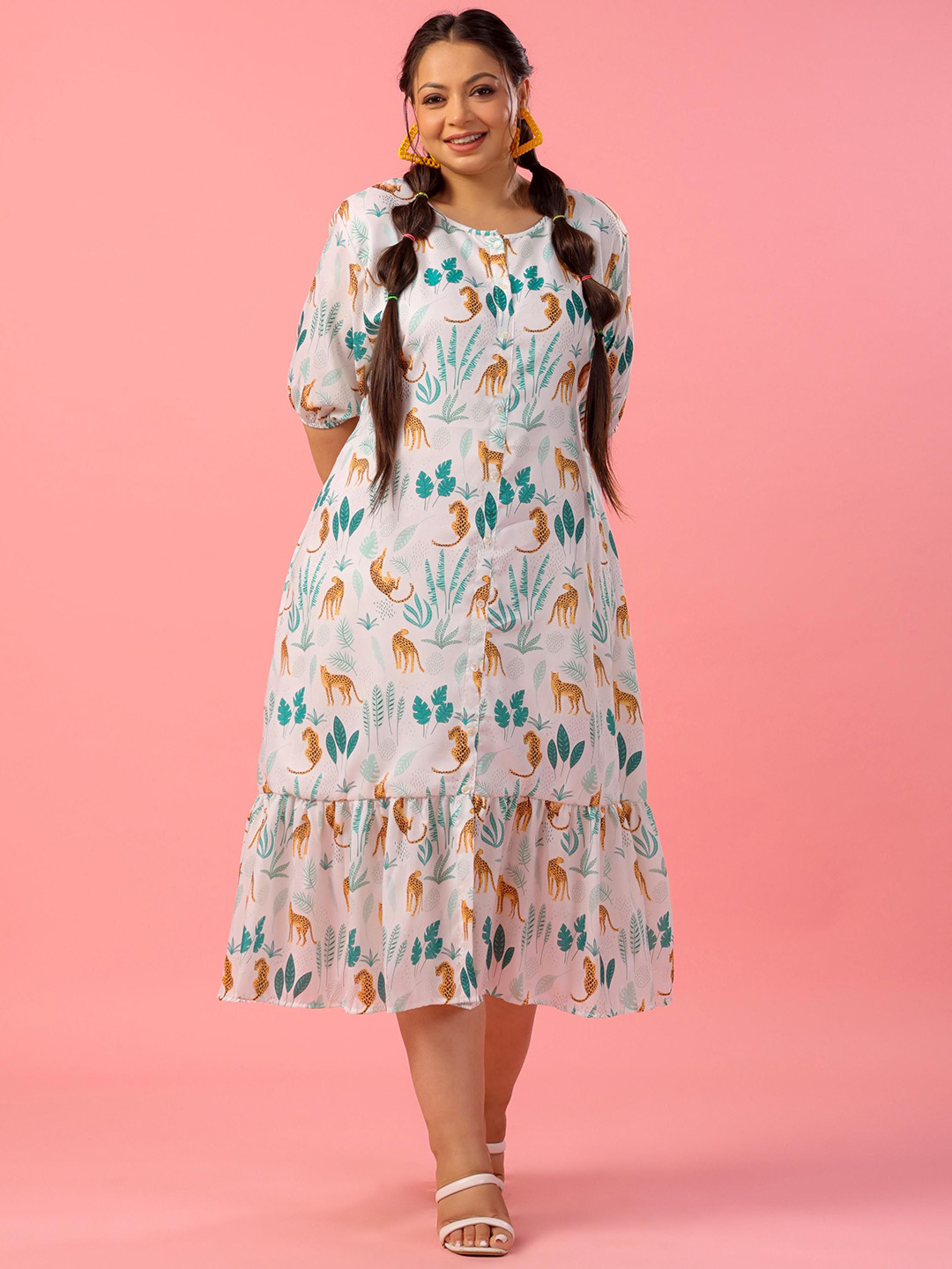 LALI JAIPUR Printed Puff Sleeve Fit & Flare Midi Dress