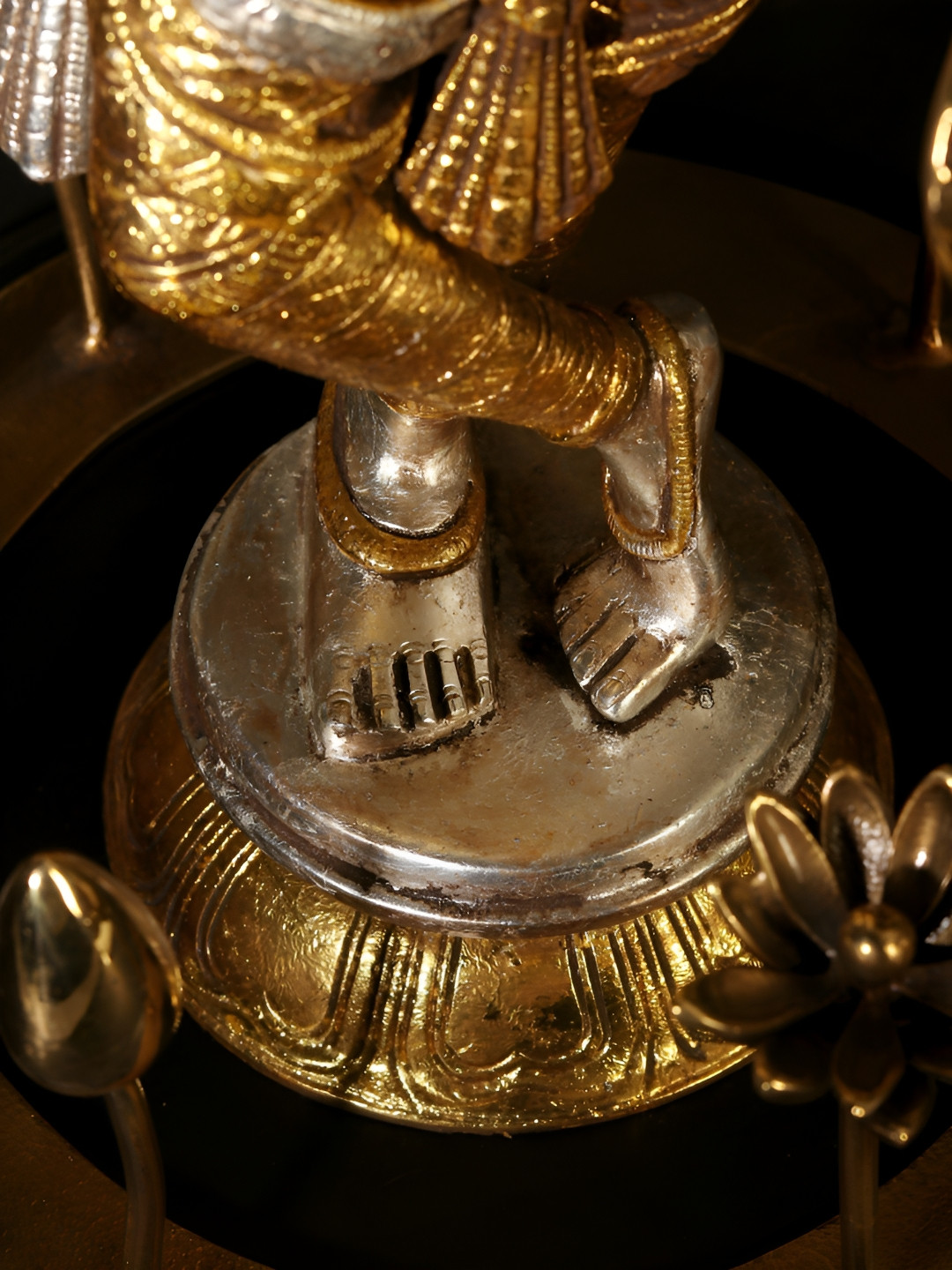 Exotic India Lord Krishna Standing on Flowers Gold Brass Metallic Prayer Room Medium Showpiece - 14 Inches