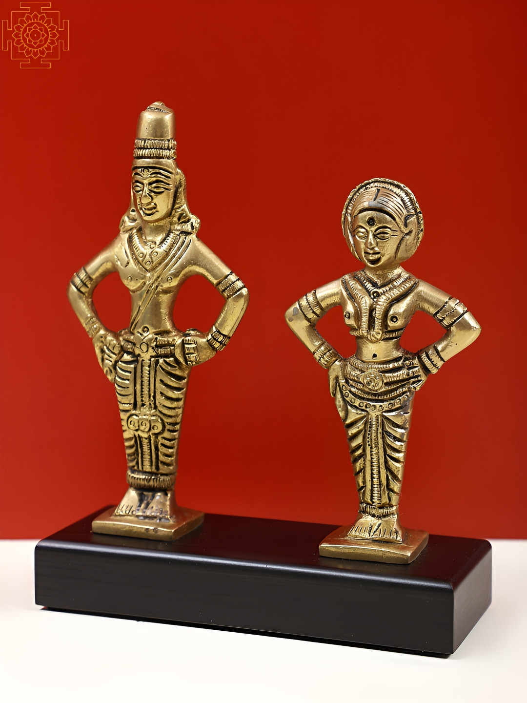 Exotic India Lord Vitthal and Rukmini Standing on Pedestal Gold Brass Metallic Living Room Small Showpiece - 6.2 Inches
