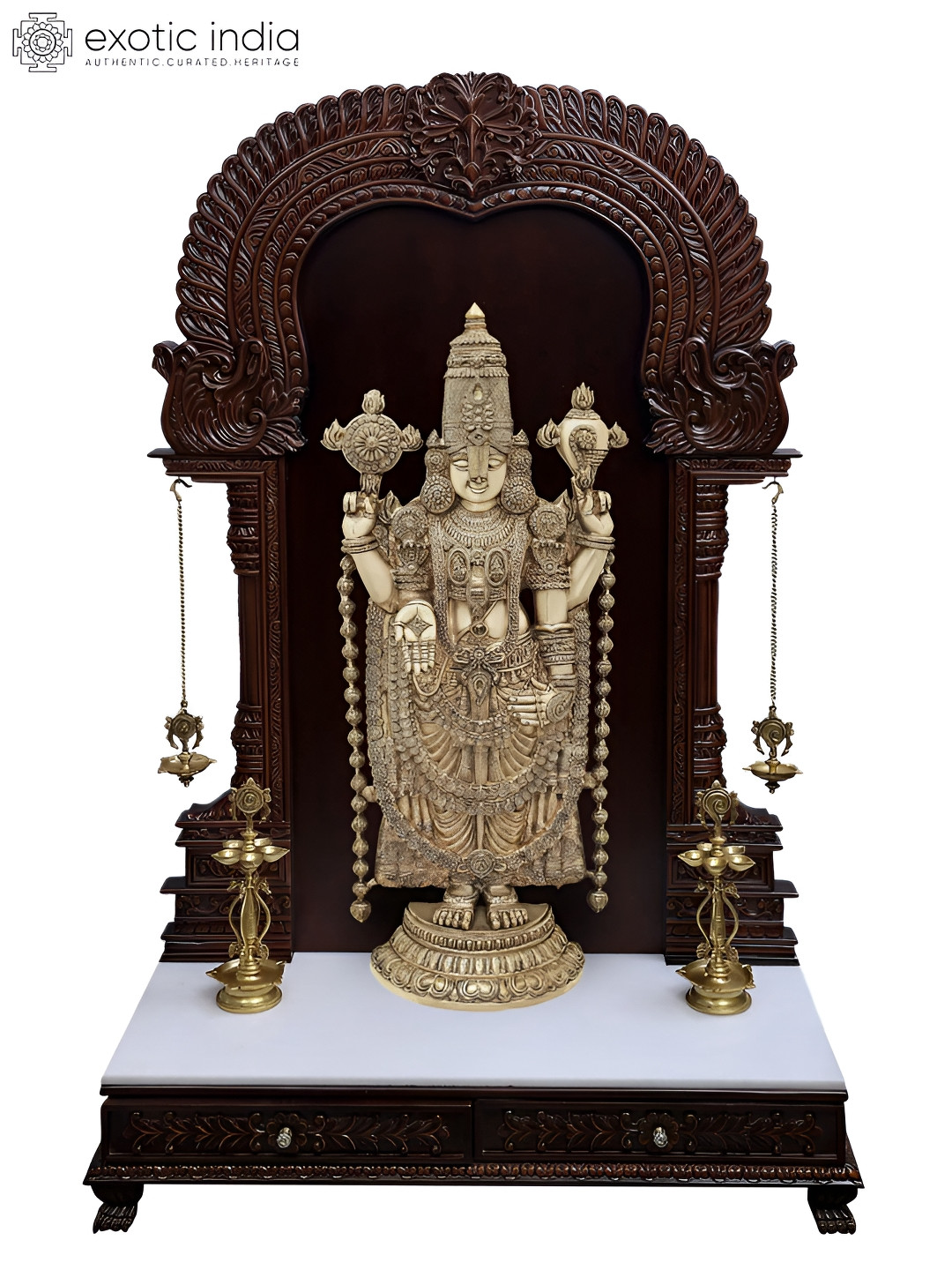 Exotic India Tirupati Balaji with Vaishnav Symbol Gold Brass Metallic Prayer Room Extra Large Showpiece - 66.9 Inches