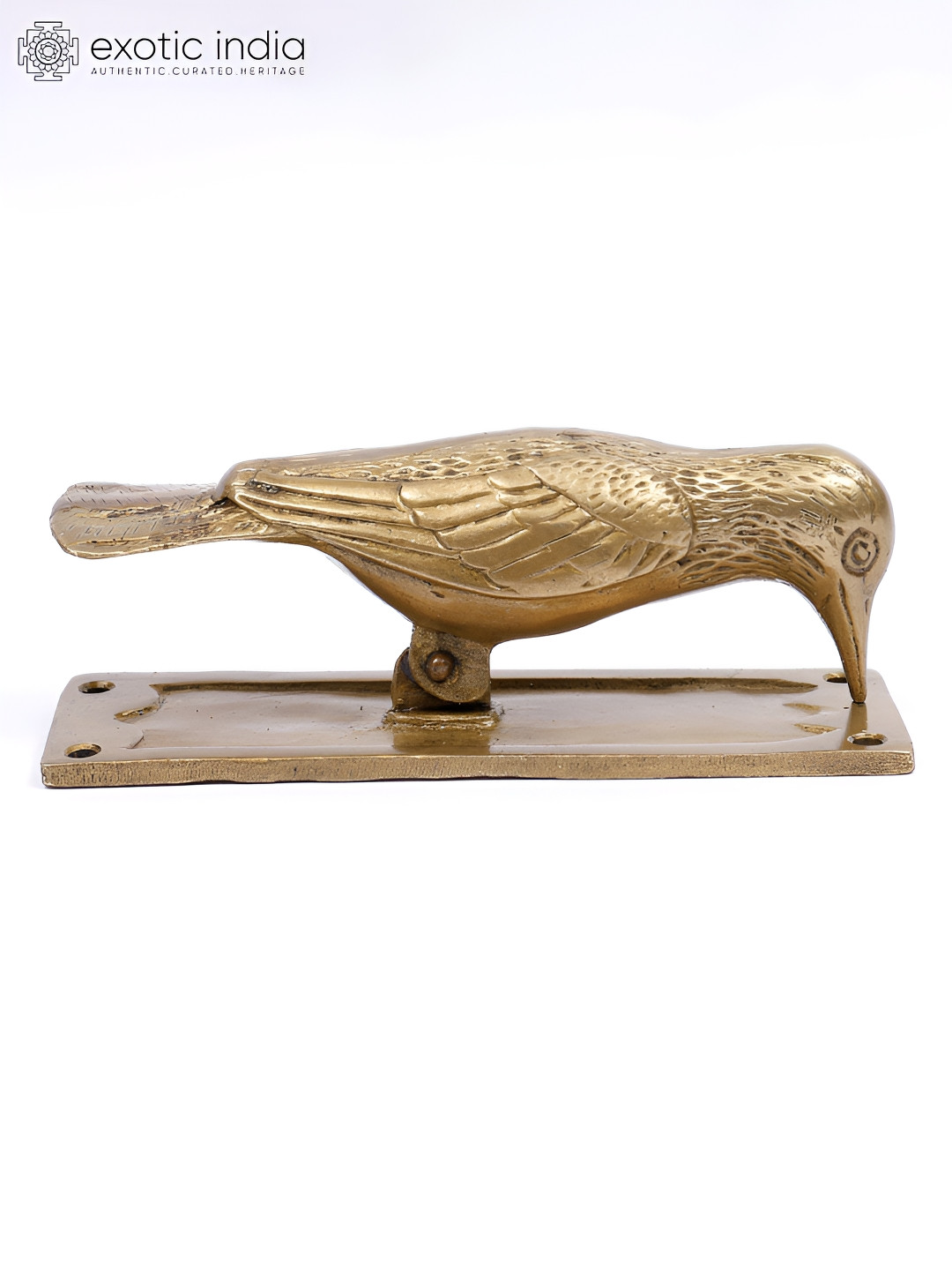 Exotic India Woodpecker Door Knocker Gold Brass Metallic Living Room Small Showpiece - 6.5 Inches