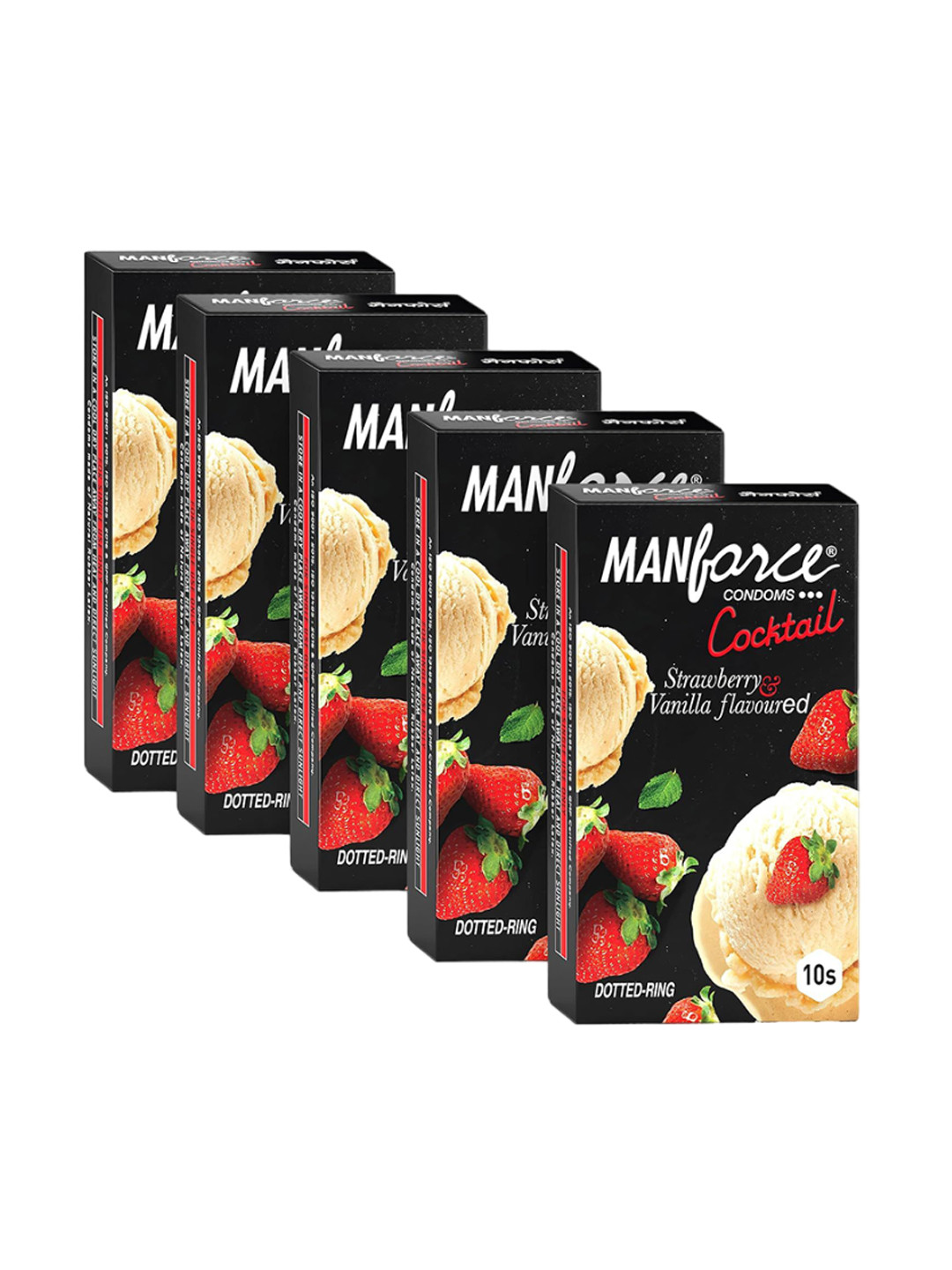 Manforce Set Of 5 Cocktail Strawberry & Vanilla Flavoured Extra Dotted Condoms-10Pcs Each