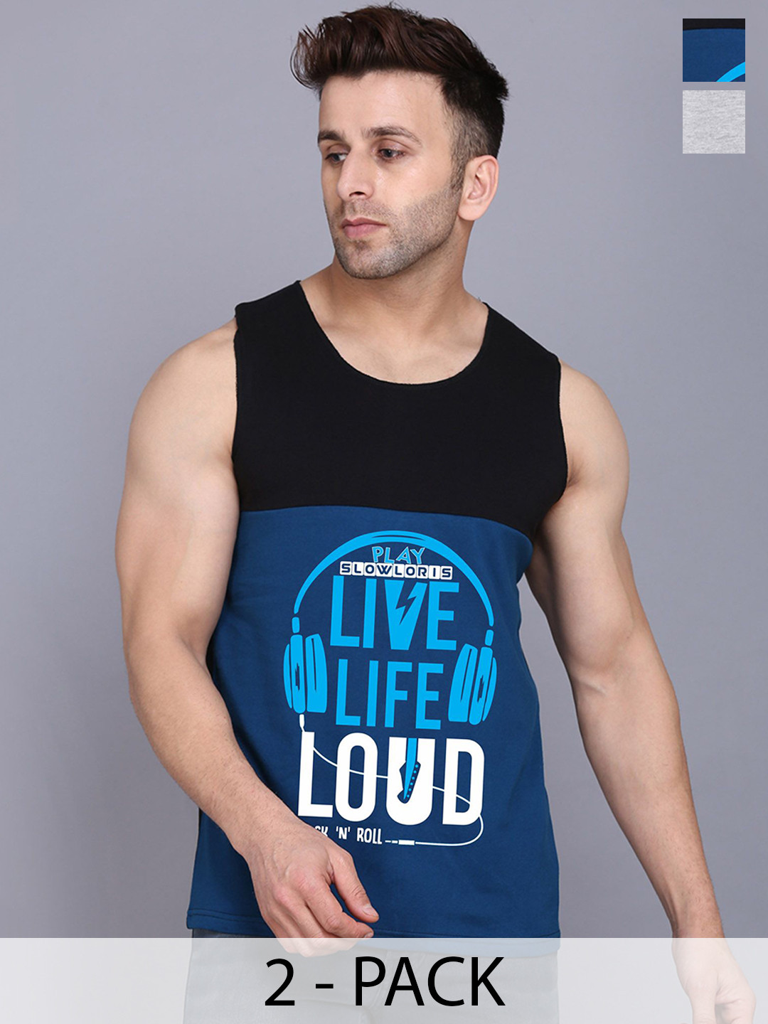 SLOWLORIS Pack Of 2 Rich Sleeveless Innerwear Vests SL26 COMBO (LOUD BLKPCK) (FRD BLKGRY)