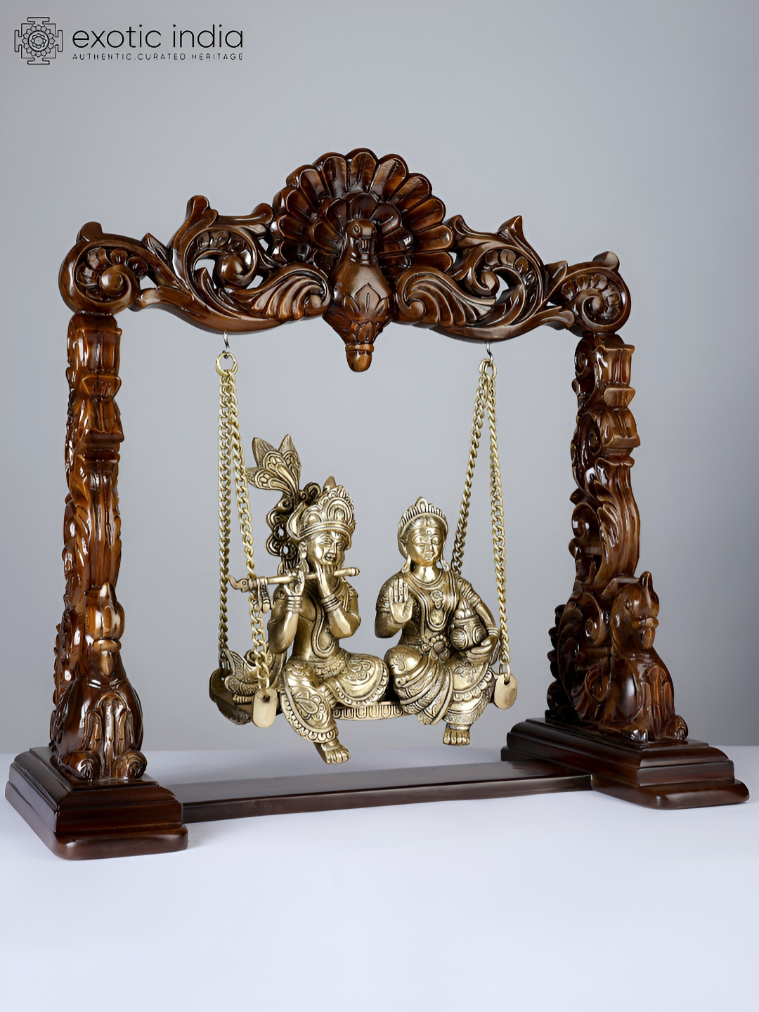 Exotic India Radha-Krishna Statue on Swing Brown Brass Metallic Prayer Room Large Showpiece - 20.3 Inches
