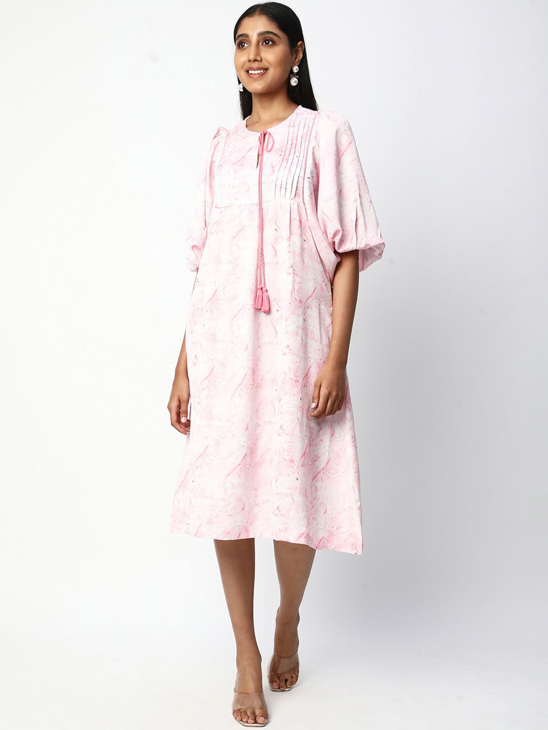 R&B Floral Printed Tie-Up Neck Puff Sleeves Gathered Cotton A-Line Midi Dress