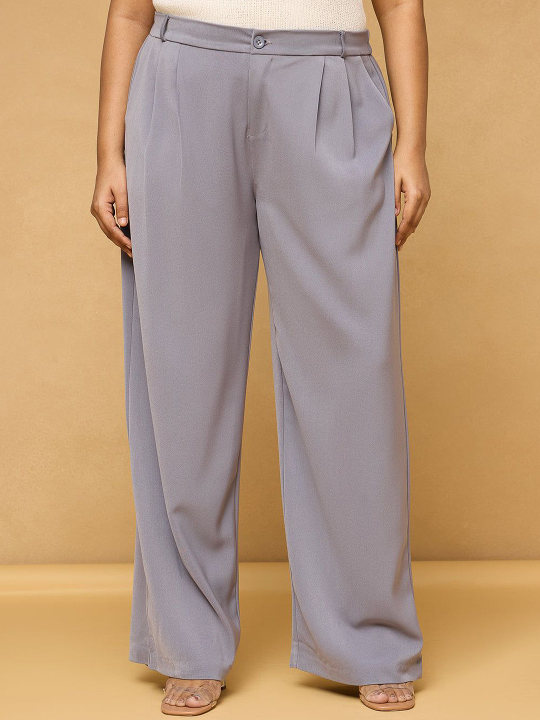 FREAKINS Plus Size Women Light Grey Pleated Straight Fit Curve Korean Pant