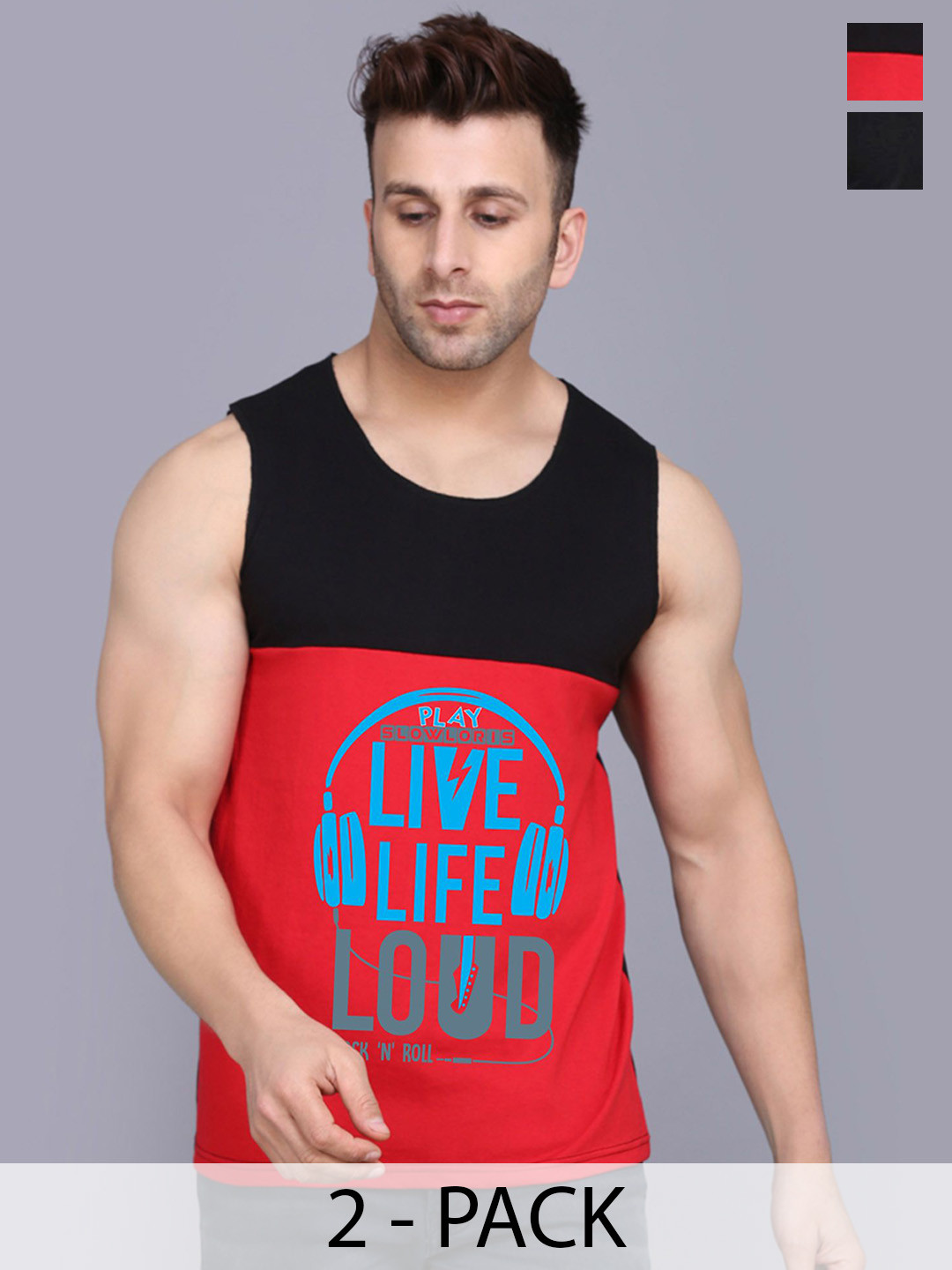 SLOWLORIS Pack Of 2 Printed Gym Vests SL26 COMBO (LOUD BLKRED) (NVR BLACK)