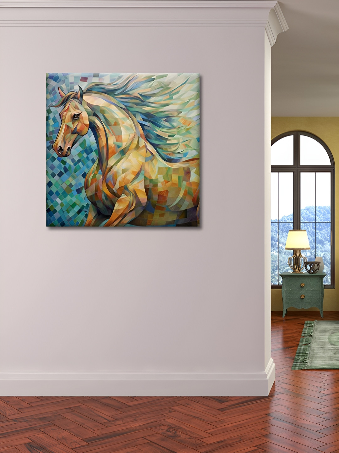 OLIVE TREE Blue & Orange Horse Canvas Painting Wall Art