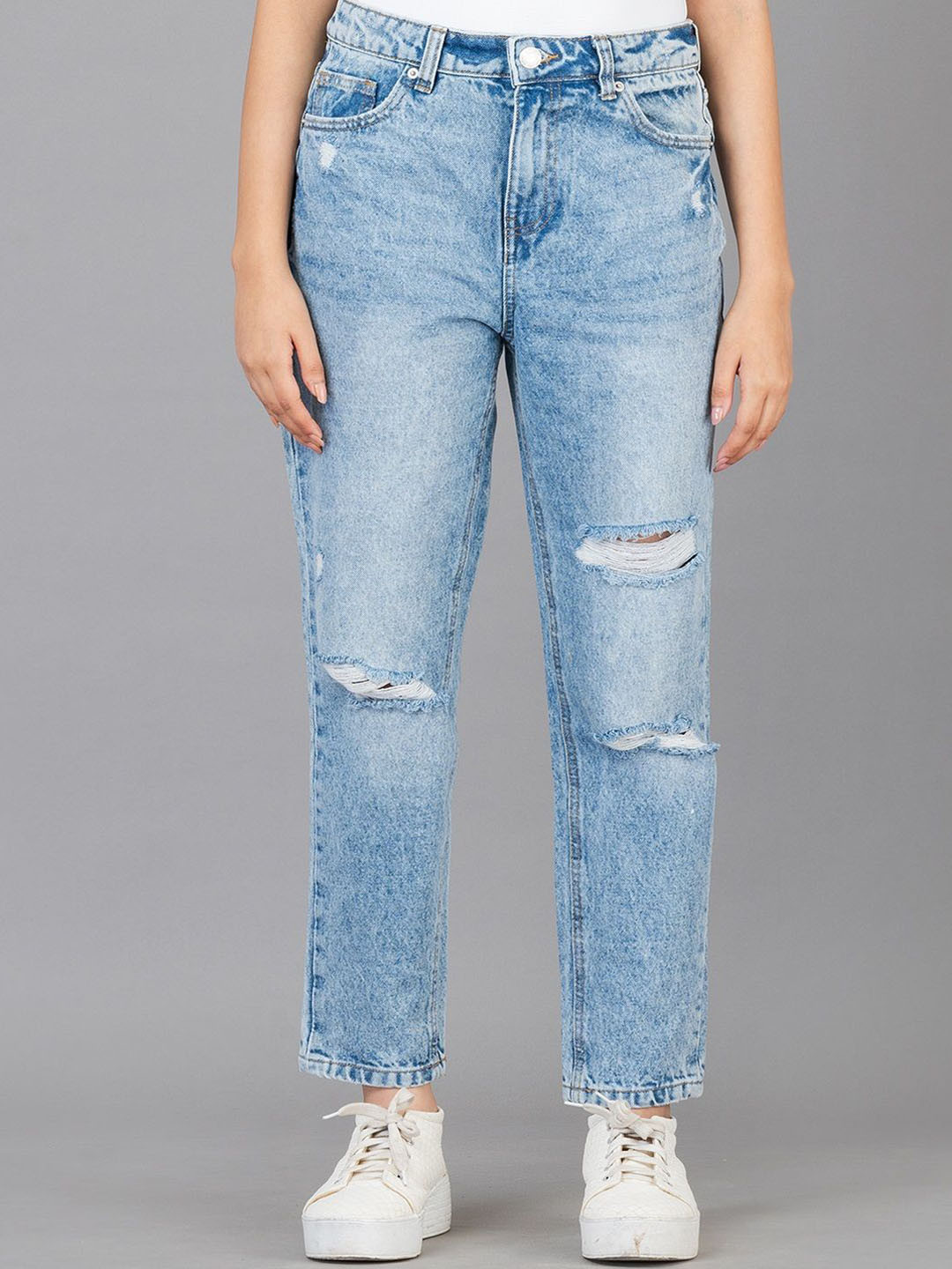 Zaahii Women High-Rise Slash Knee Heavy Fade Jeans