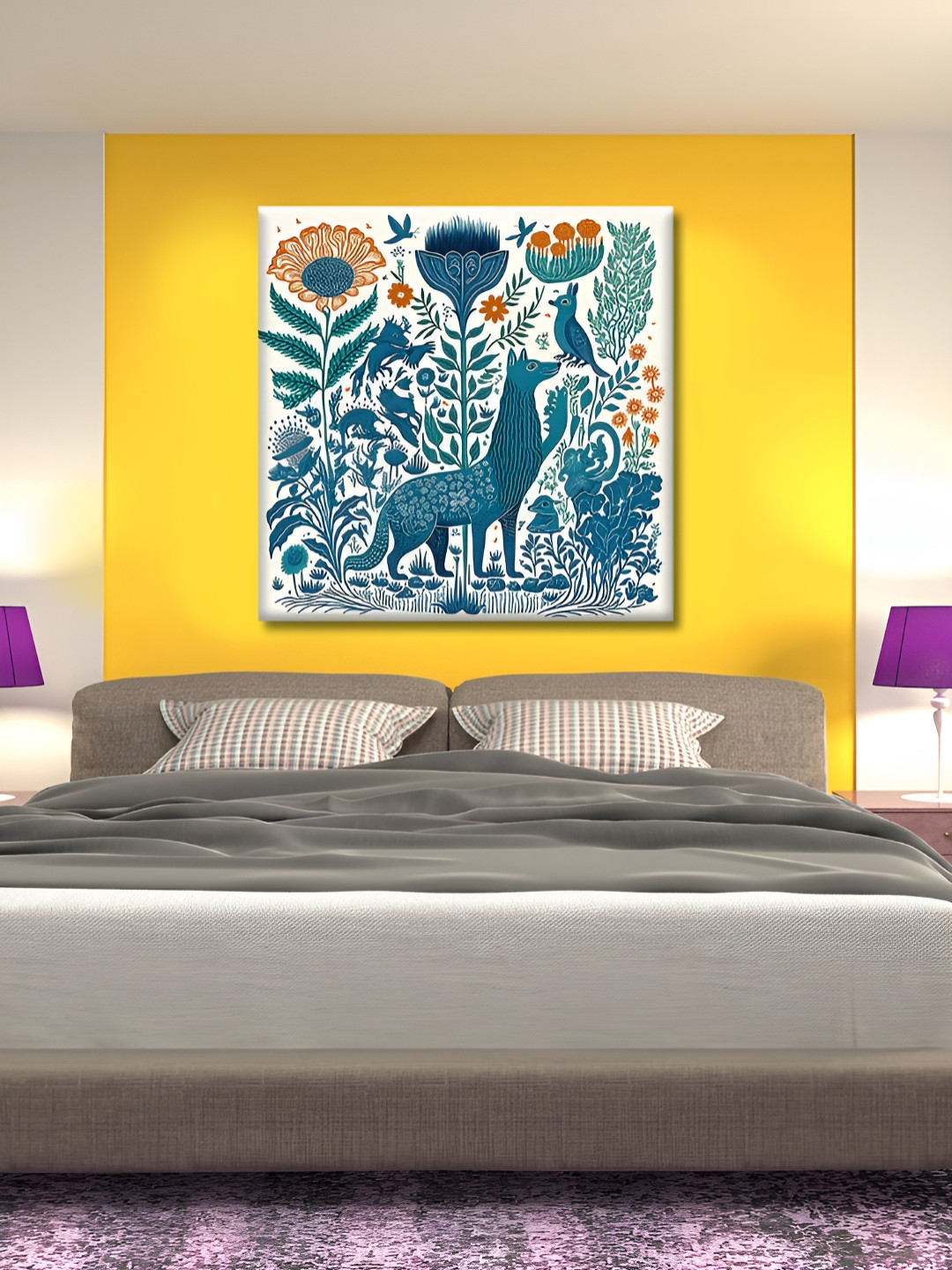 OLIVE TREE White & Blue Birds and Animals Wooden Framed Canvas Painting Wall Art