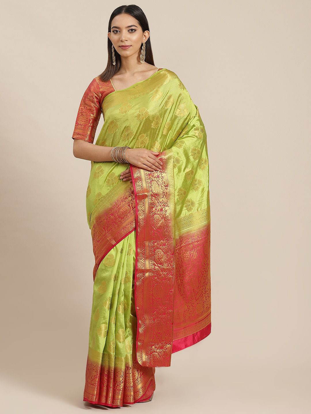 KALINI Women Light Green Banarasi Silk Zari Border With Jacquard Printed Sarees