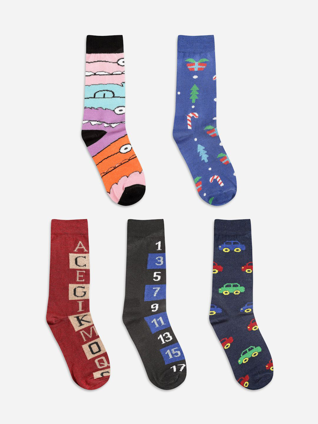 Texlon Kids Pack Of 5 Printed Calf-Length Socks