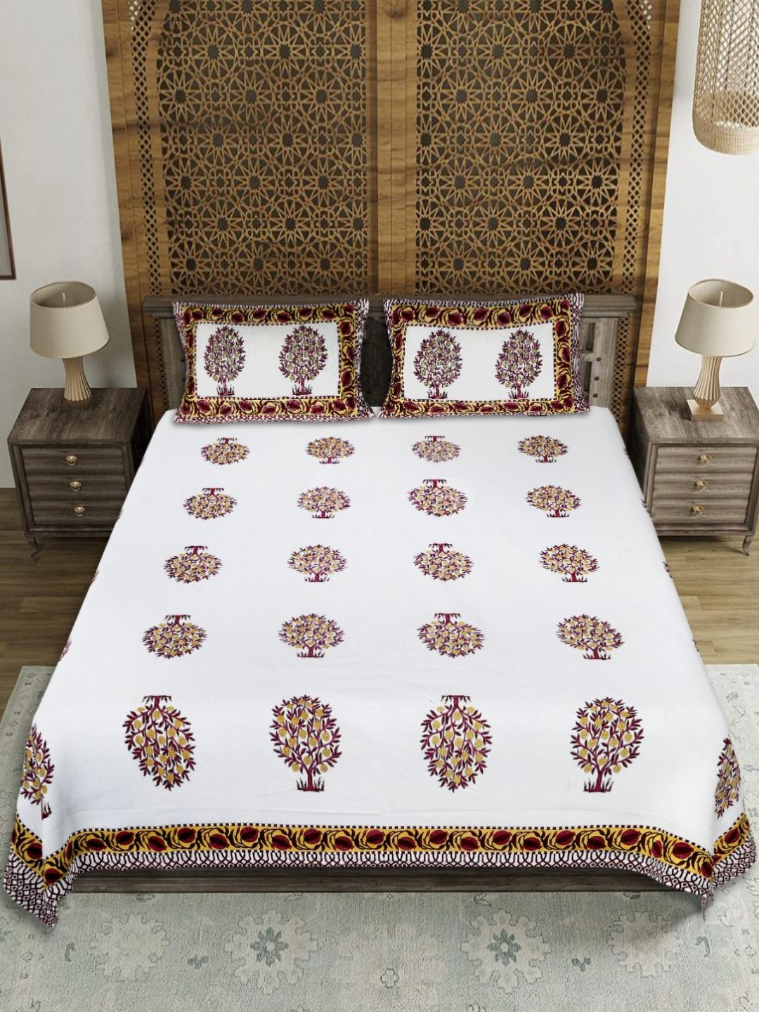 EasyGoods Yellow Ethnic Motifs Cotton 210 TC King Fine Bedsheet with 2 Pillow Covers-90 x 103 inches