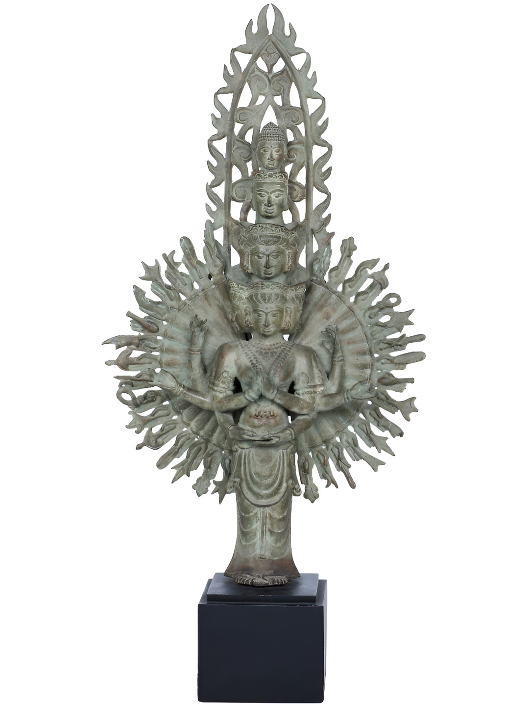 Exotic India Tibetan Buddhist Deity Thousand Armed Avalokiteshvara Grey Brass Metallic Prayer Room Extra Large Showpiece - 5.2 Inches