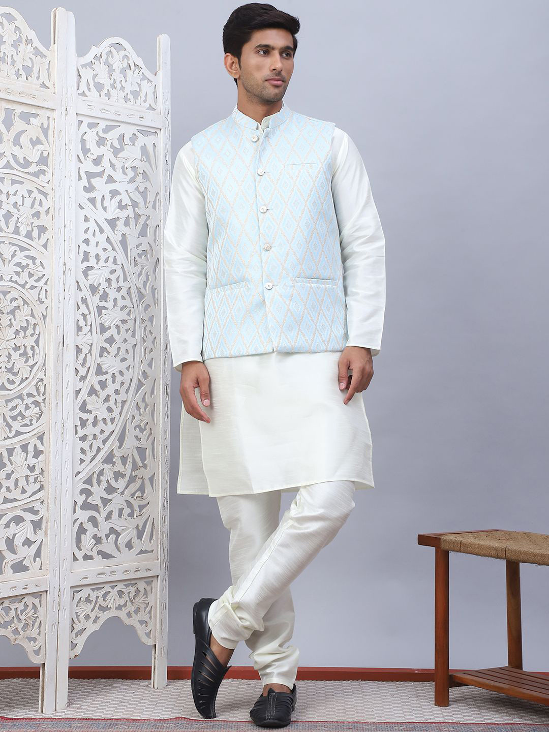 Jompers Mandarin Collar Brocade Weave Silk Cotton Straight Kurta with Churidar
