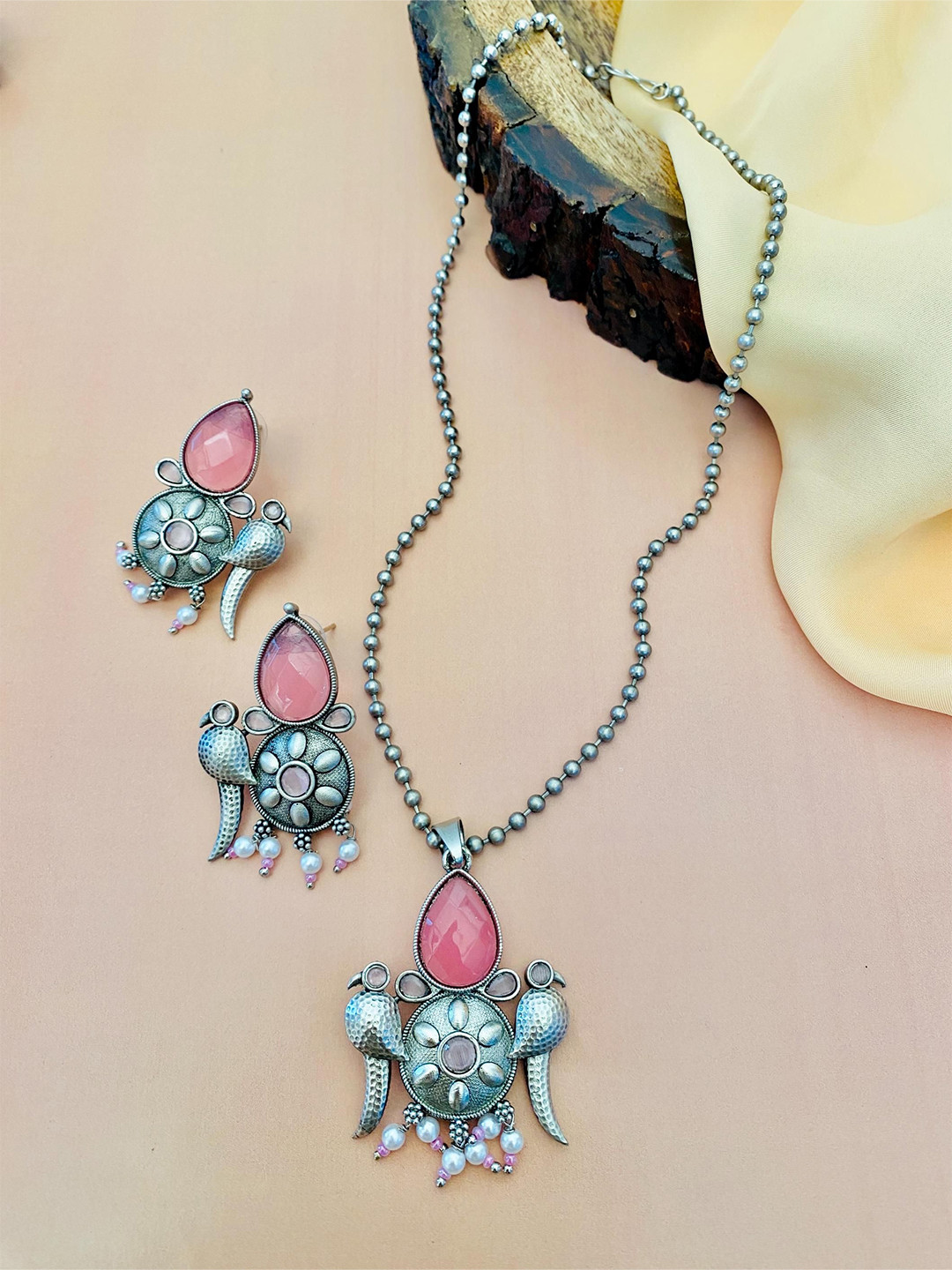 ABDESIGNS Enchanting German Silver Plated Stone Studded Jewellery Set