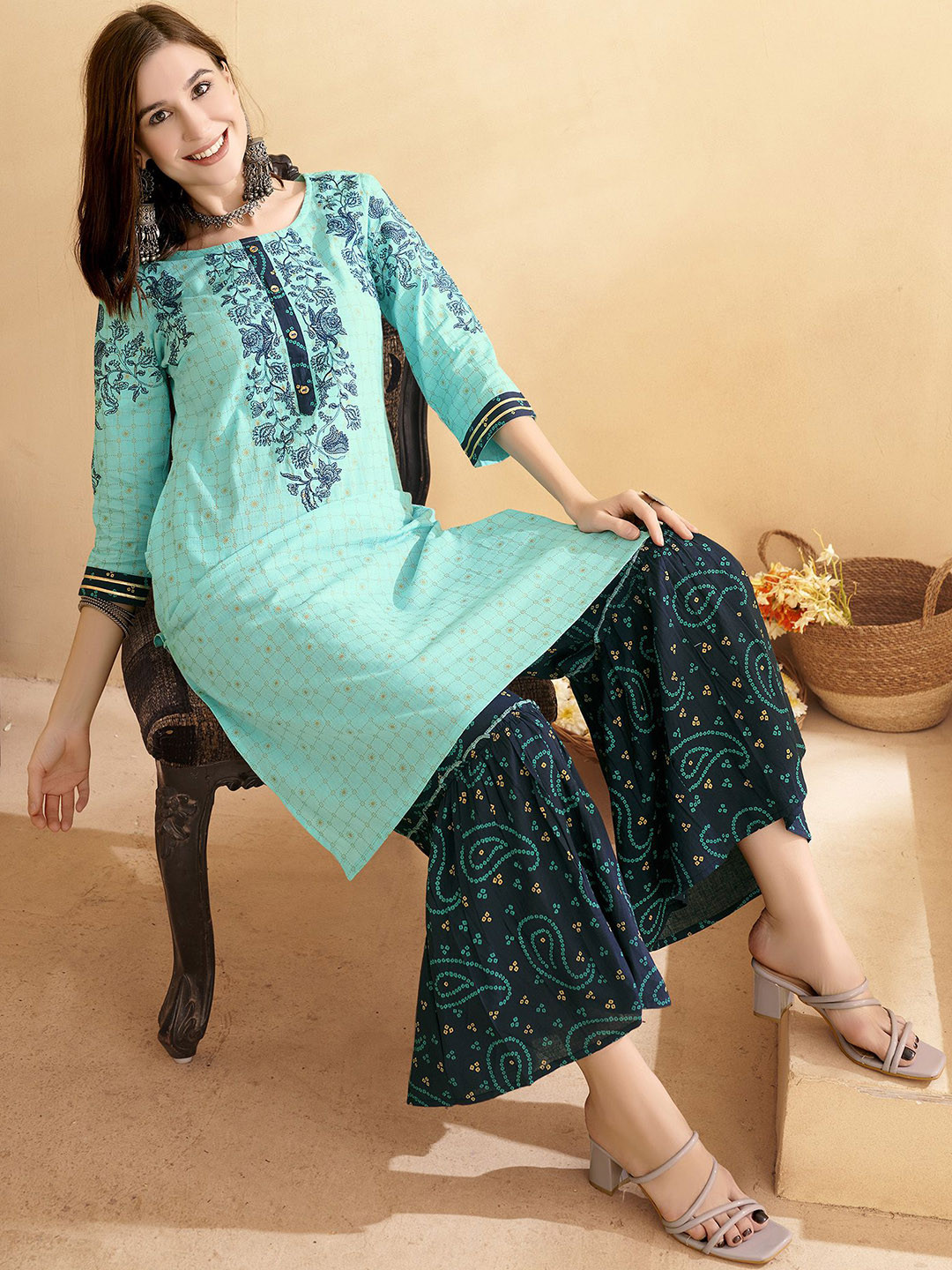 Anouk Sea Green Floral Printed Pure Cotton Straight Kurta With Sharara