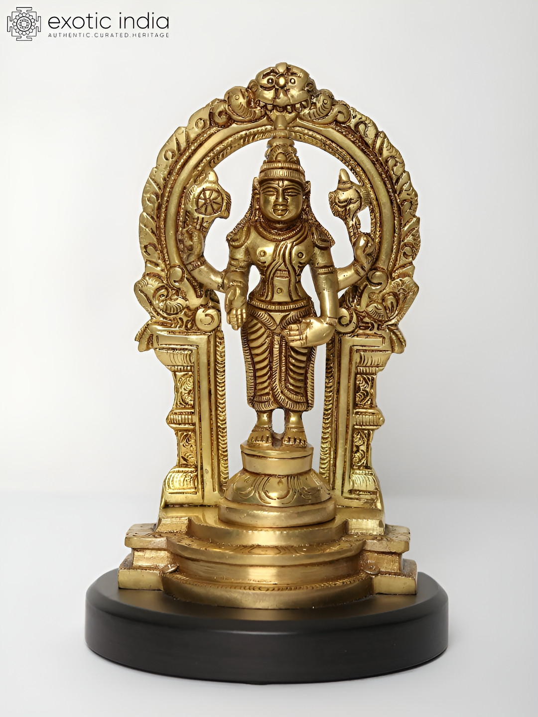 Exotic India Standing Lord Vishnu with Kirtimukha Arch Gold Brass Metallic Prayer Room Small Showpiece - 3.5 Inches