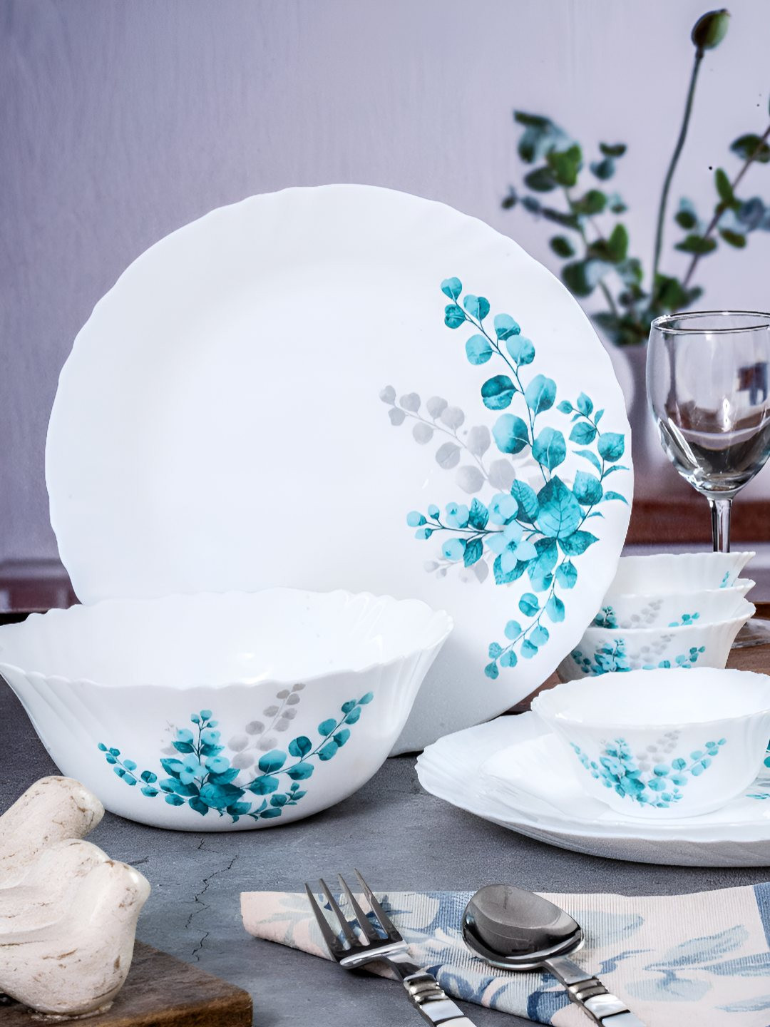 Cello Opal White Leaf Opalware Dishwasher and Microwave Safe 13 Piece Dinner Set