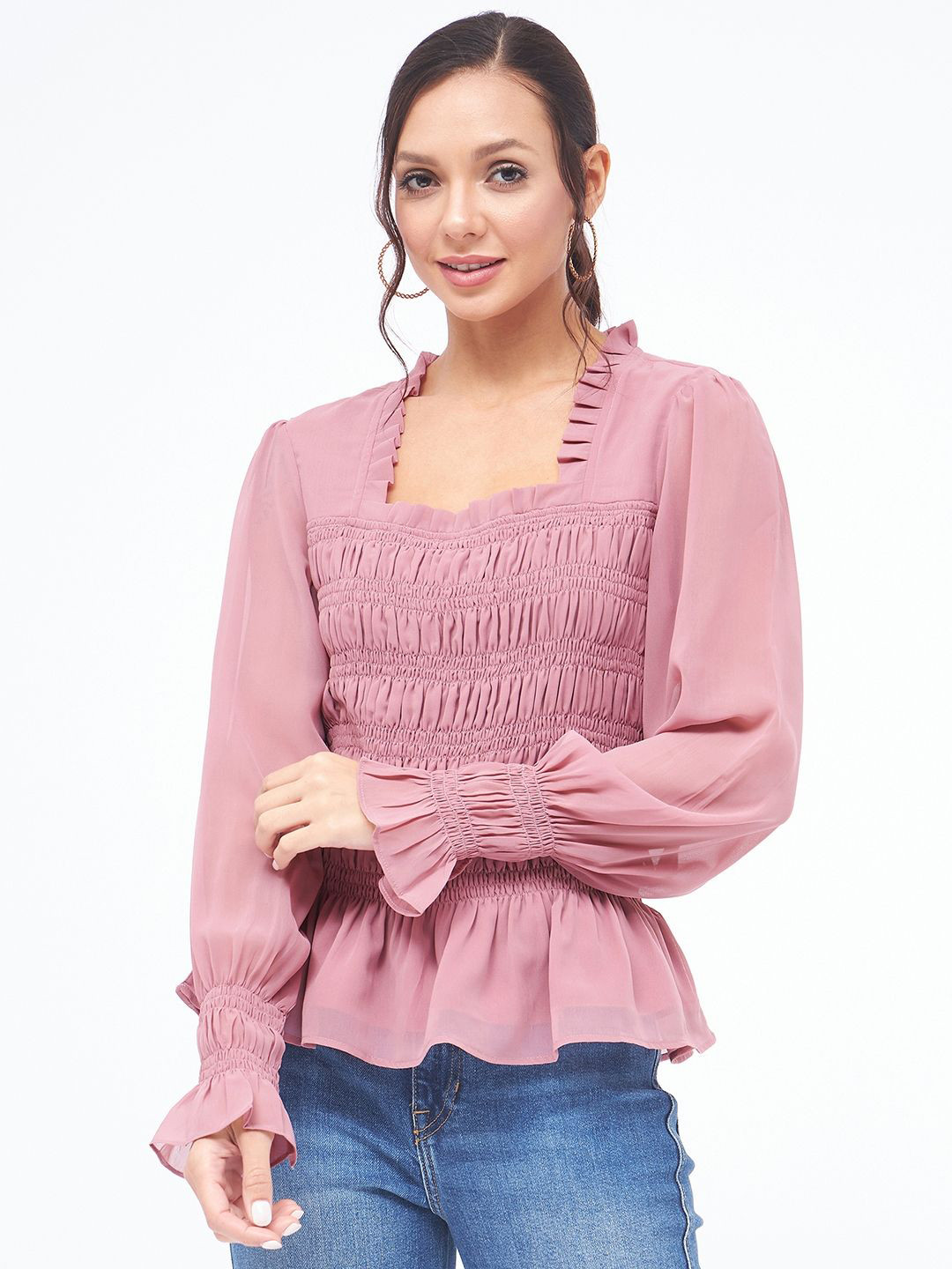 Kibo Women Solid Smocked Square Neck Top