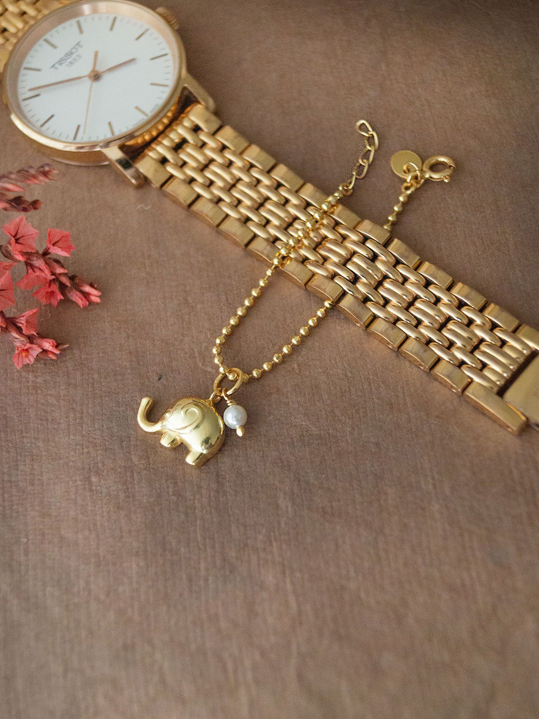 MANNASH Sterling Silver Gold Plated Cute Elephant With Pearl Watch Charms