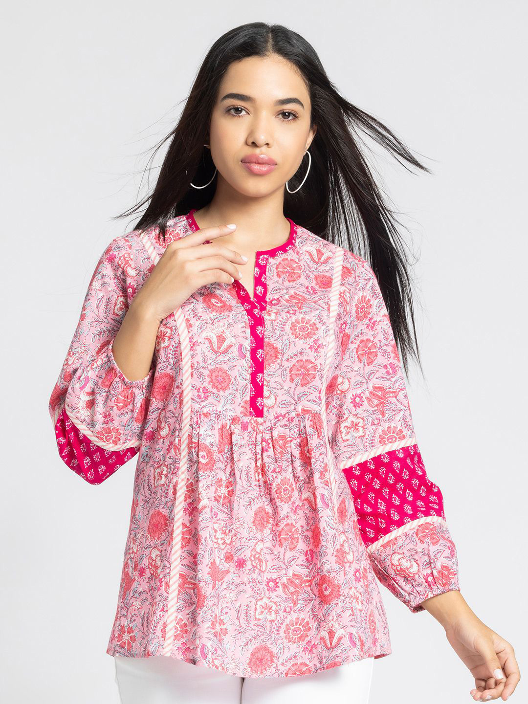 SHAYE Women Pink Ethnic Motifs Printed Pure Cotton Empire Anarkali Round Neck Kurti
