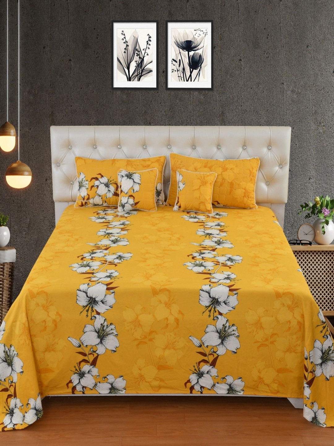 MORADO Mustard Floral Cotton King Bedsheet with 2 Pillow Covers-90 x 100 inches
