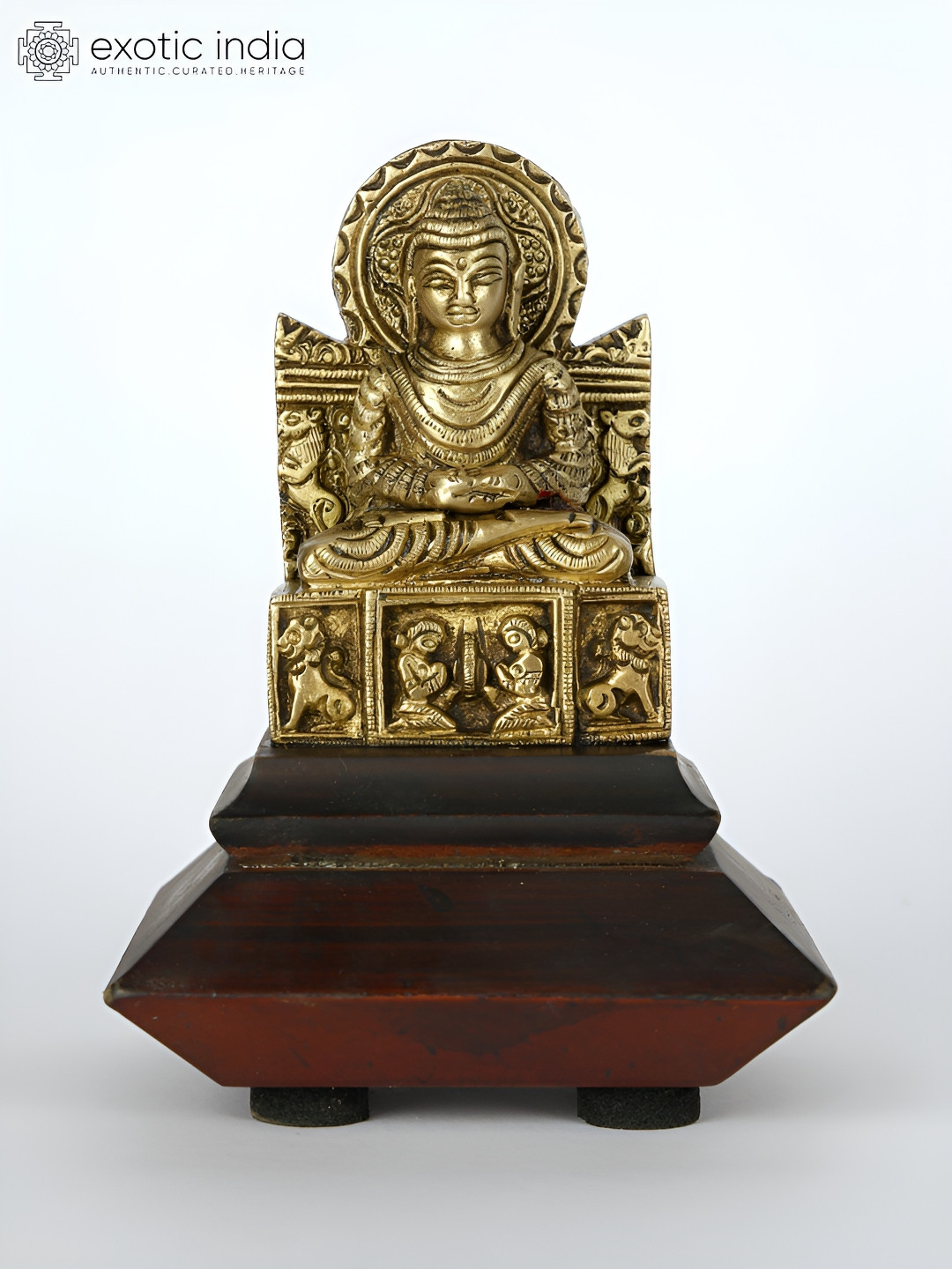 Exotic India Lord Buddha Seated in Dhyan Mudra on Base Gold Brass Metallic Living Room Small Showpiece - 4.5 Inches